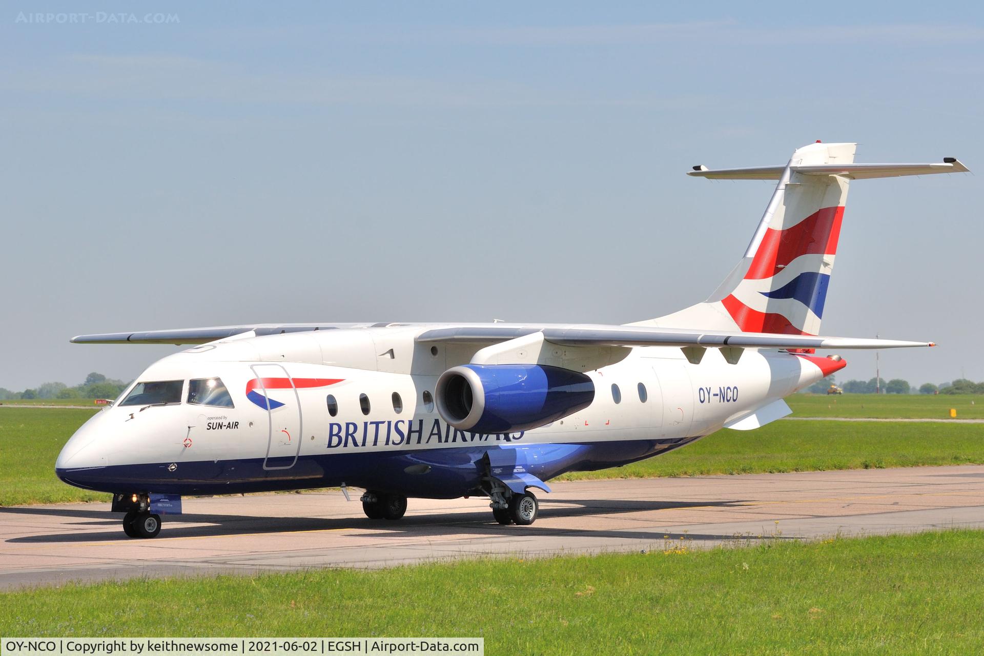 OY-NCO, 2002 Dornier 328-310 C/N 3210, Leaving Norwich for Billund, Denmark.
