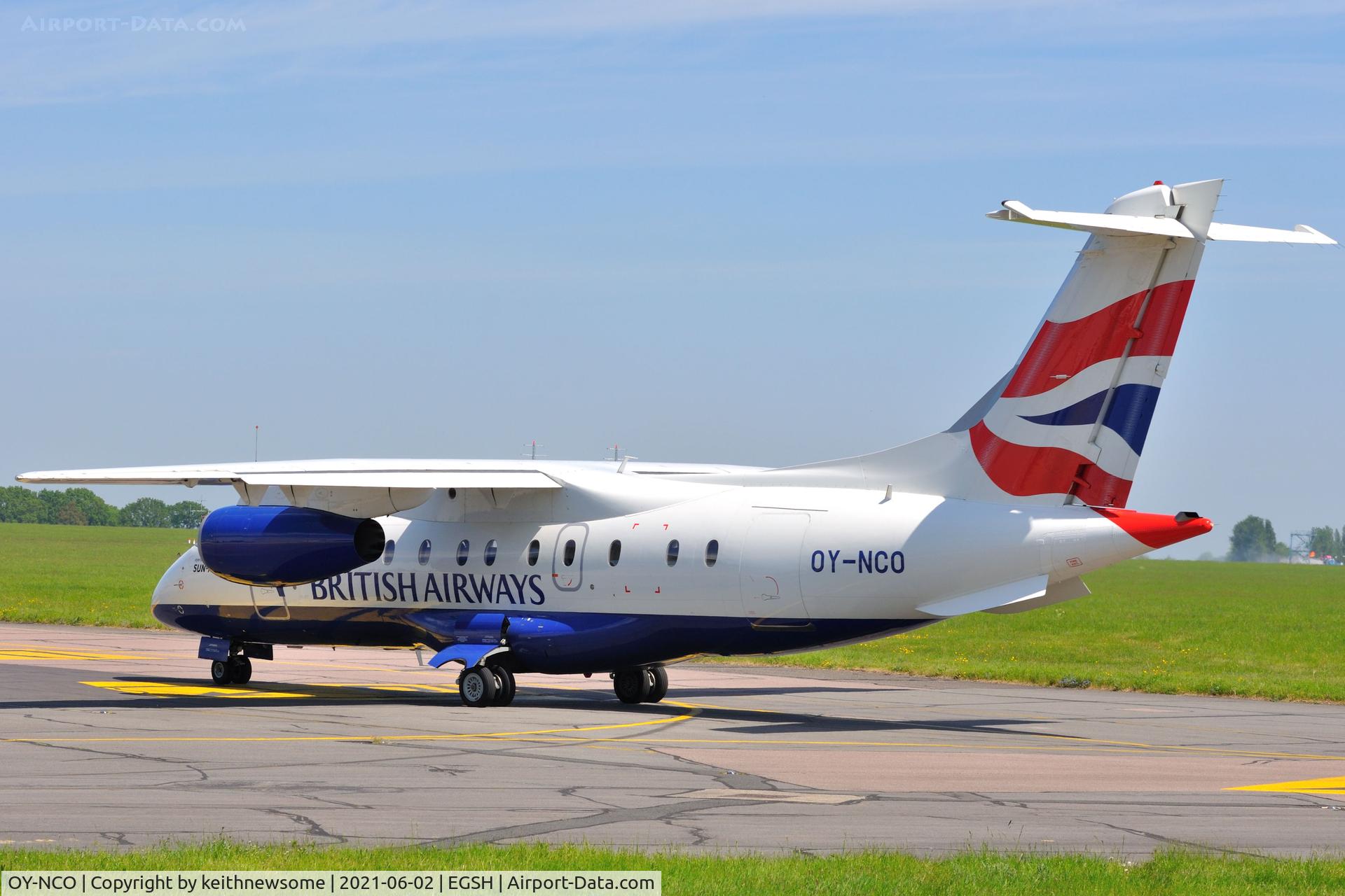 OY-NCO, 2002 Dornier 328-310 C/N 3210, Leaving Norwich for Billund, Denmark.