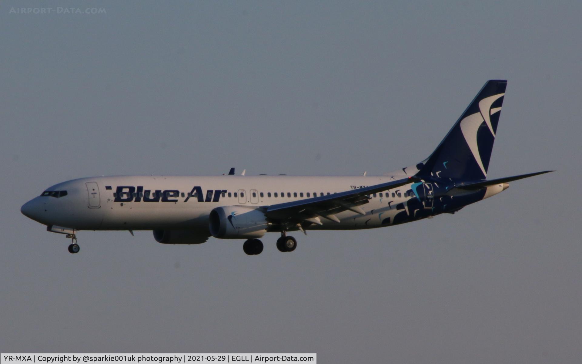 YR-MXA, 2019 Boeing 737-8 MAX C/N 43309, Seen arriving at LHR in evening sun