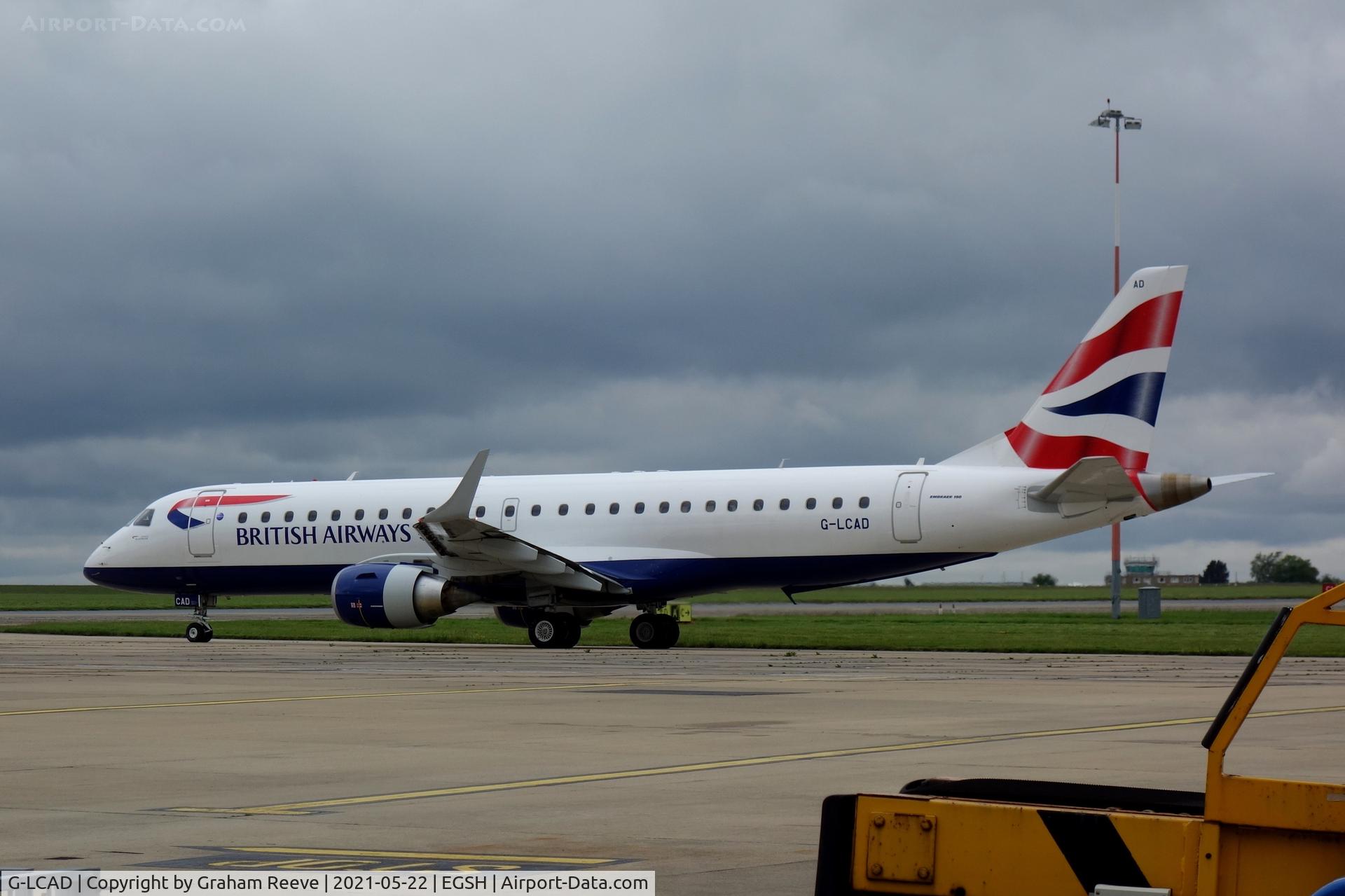 G-LCAD, 2012 Embraer ERJ 190-100LR C/N 19000535, Departing from Norwich.