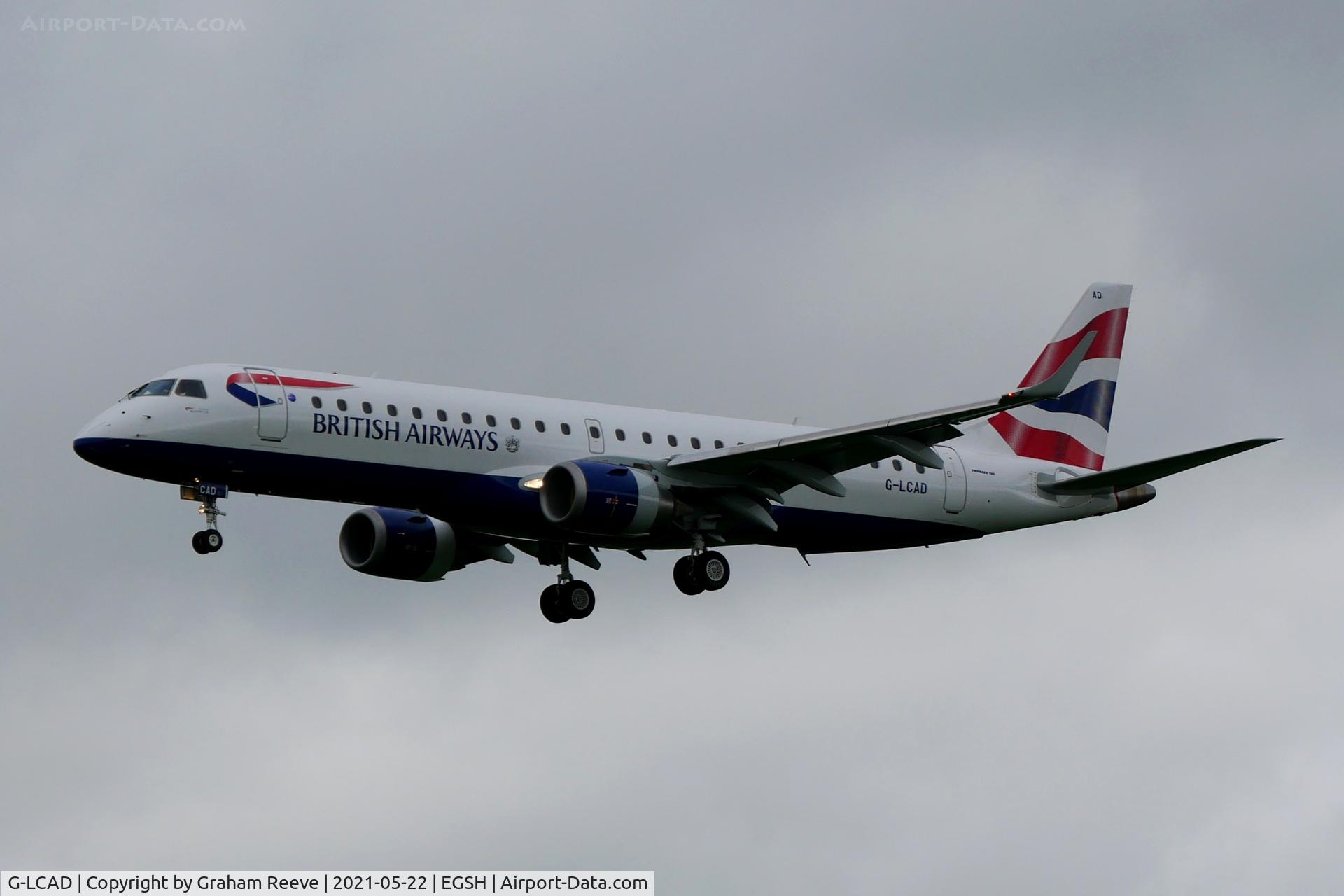 G-LCAD, 2012 Embraer ERJ 190-100LR C/N 19000535, Landing at Norwich.