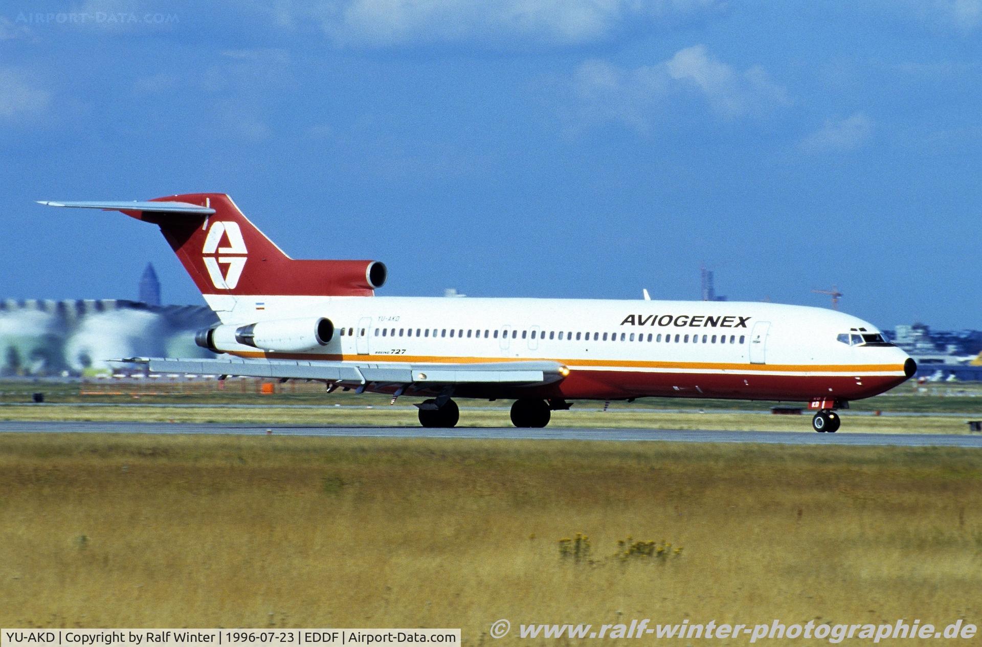 YU-AKD, 1975 Boeing 727-2L8 C/N 21040, Boeing 727-2L8(Adv) - Aviogenex 'Zagreb' - 21040 - YU-AKD - 23.07.1996 - FRA