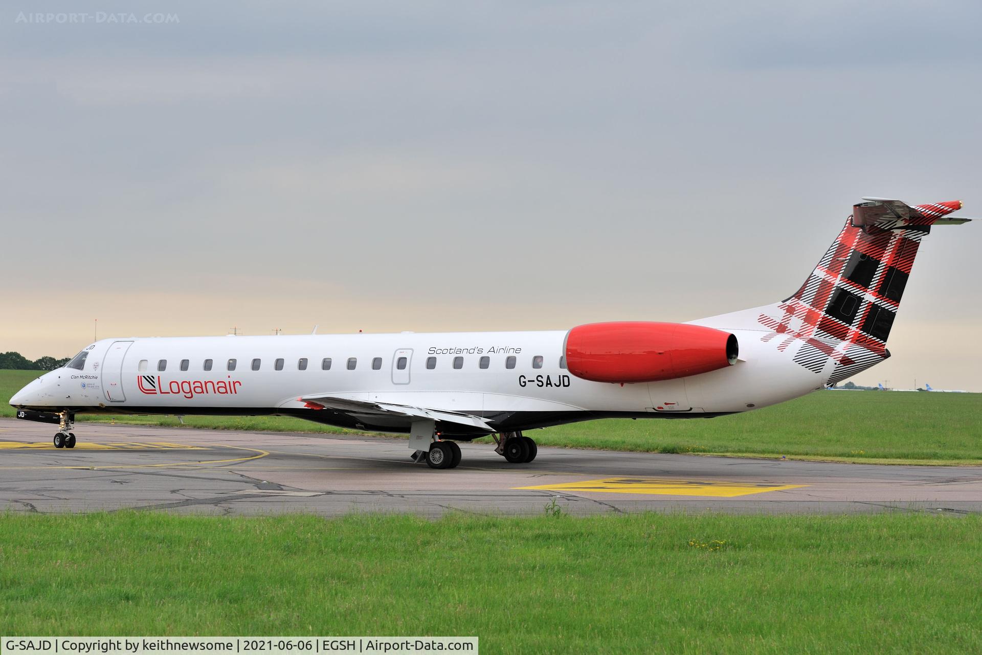 G-SAJD, 2001 Embraer EMB-145EP (ERJ-145EP) C/N 145454, Leaving Norwich for Aberdeen.