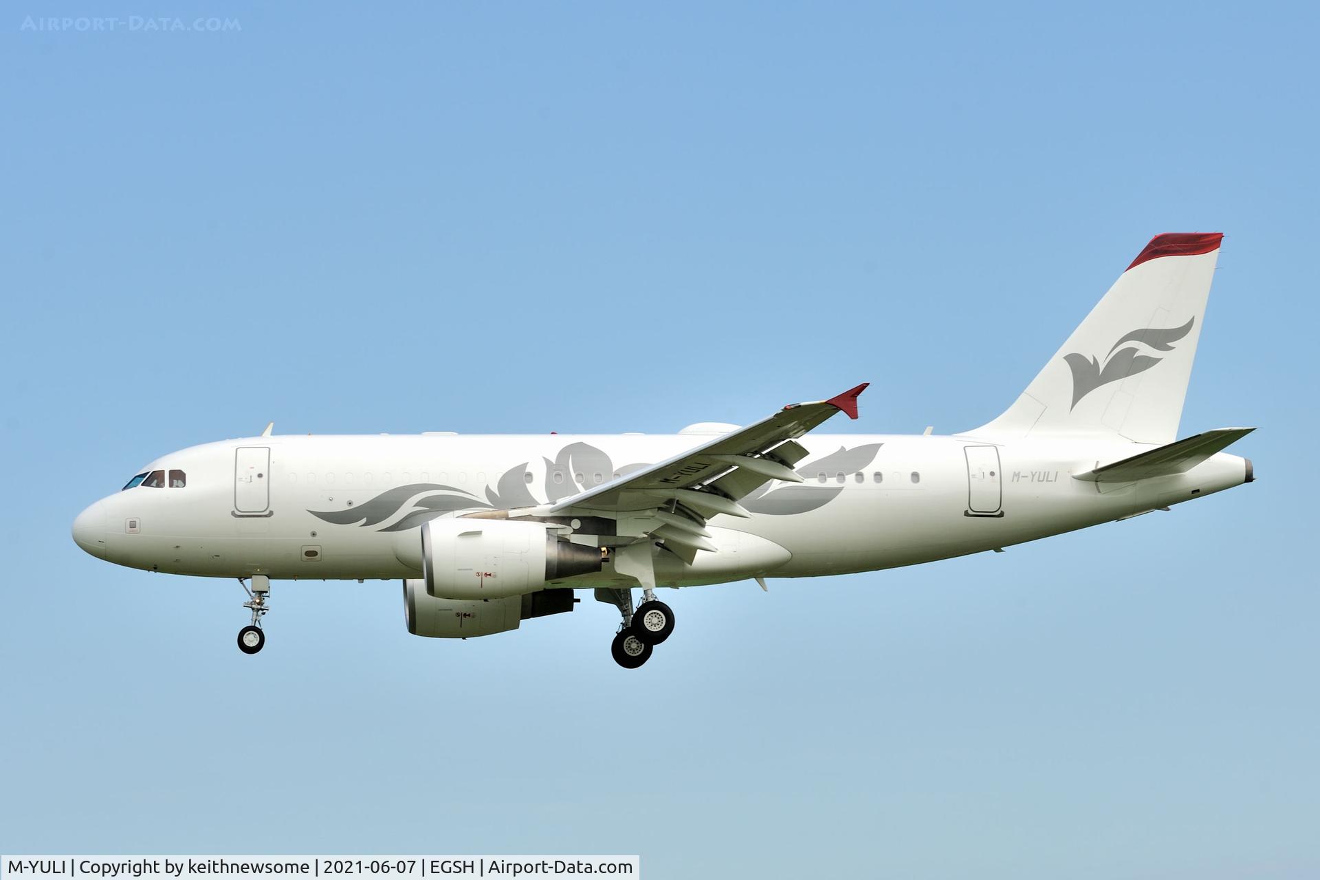 M-YULI, 2012 Airbus ACJ319 (A319-115/CJ) C/N 5040, Arriving at Norwich from Mulhouse, for paintwork.