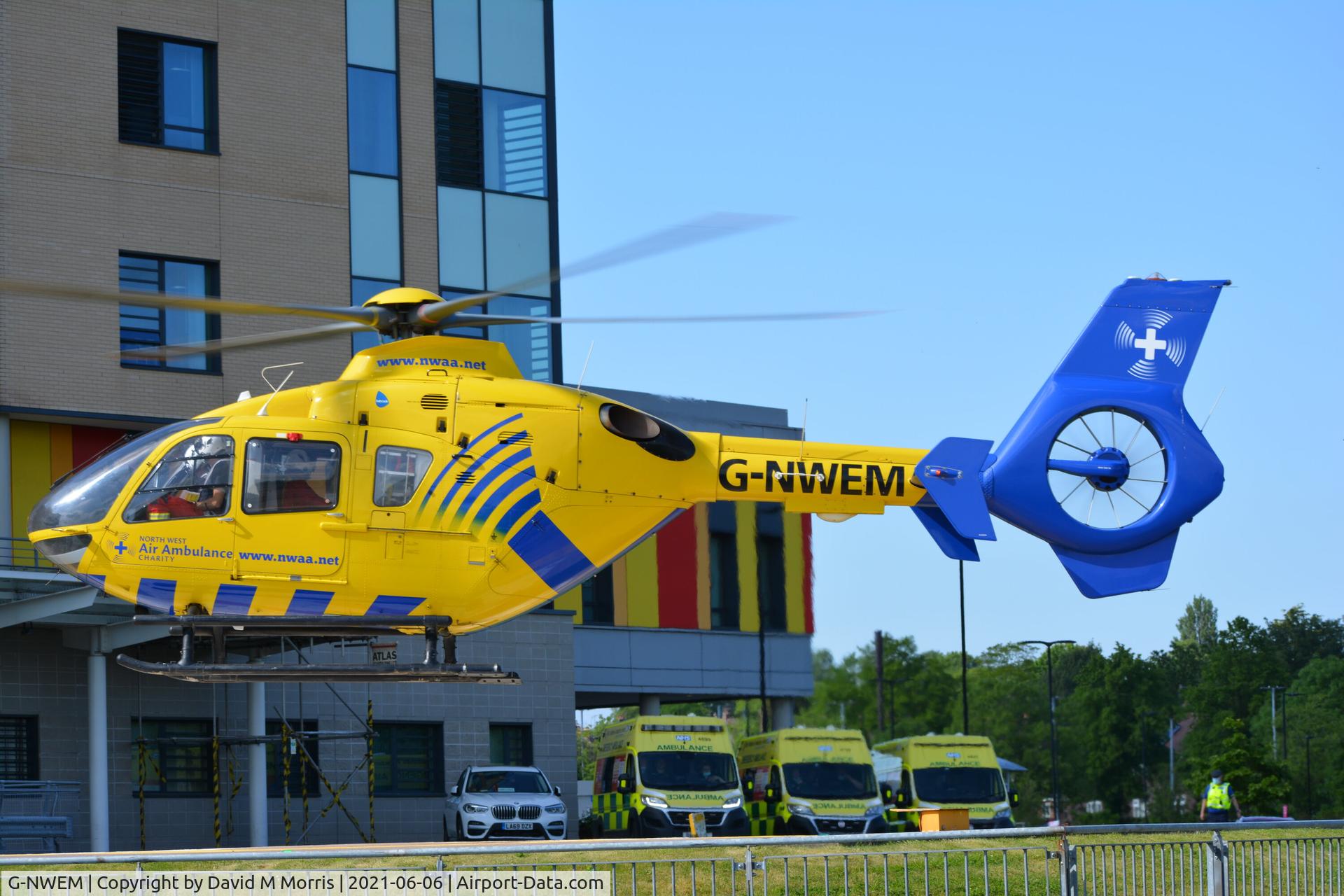 G-NWEM, 2003 Eurocopter EC-135T-2 C/N 0270, North West Air Ambulance, taking off from Royal Stoke Hospital, Stoke-on-Trent, Staffordshire.