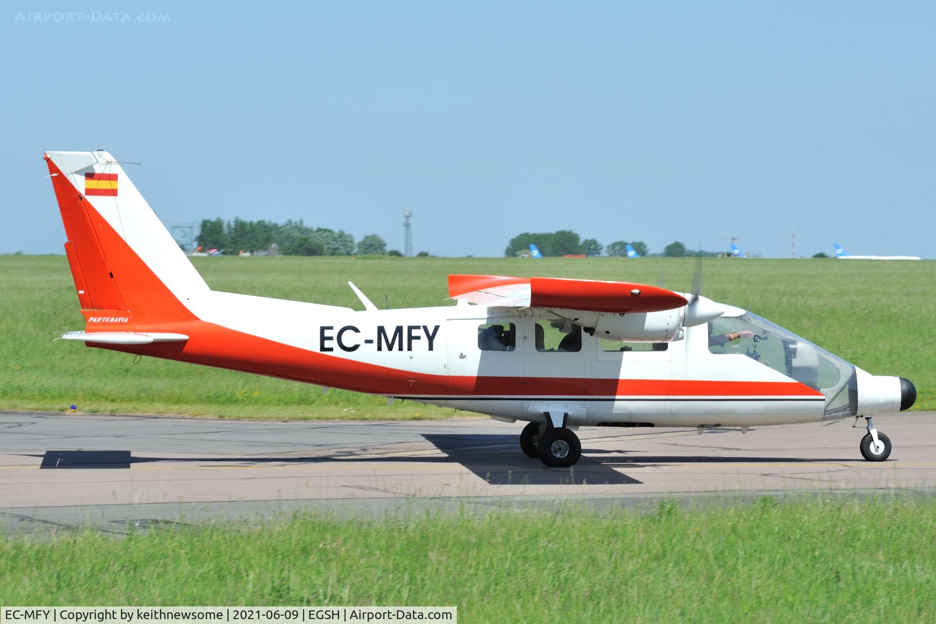 EC-MFY, 1992 Partenavia P-68 Observer C/N 397-06/OB 2, Leaving Norwich following fuel stop.