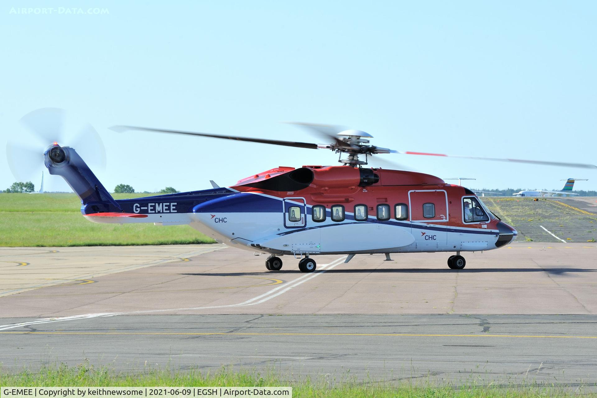 G-EMEE, 2011 Sirkorsky S-92A C/N 920158, Leaving Norwich for Aberdeen.