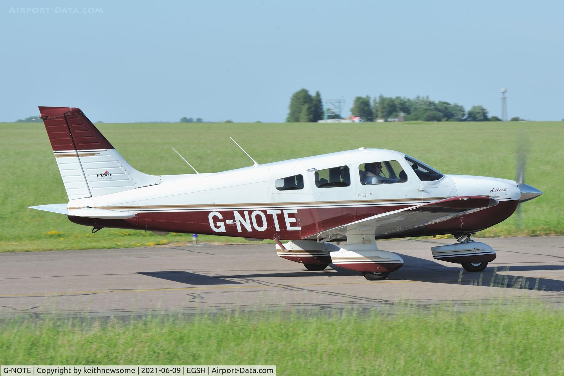 G-NOTE, 1997 Piper PA-28-181 Cherokee Archer III C/N 2843082, Leaving Norwich for Elstree.
