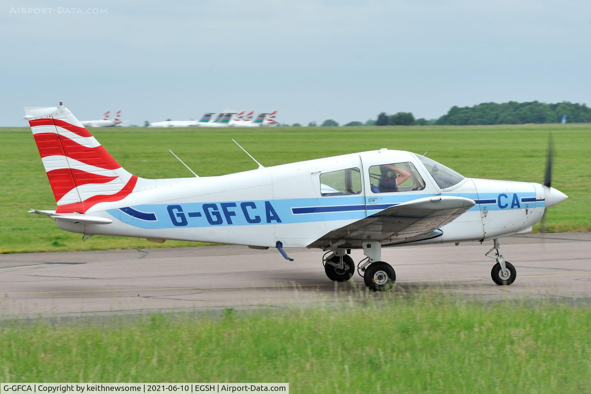 G-GFCA, 1989 Piper PA-28-161 Cadet C/N 28-41100, Leaving Norwich.