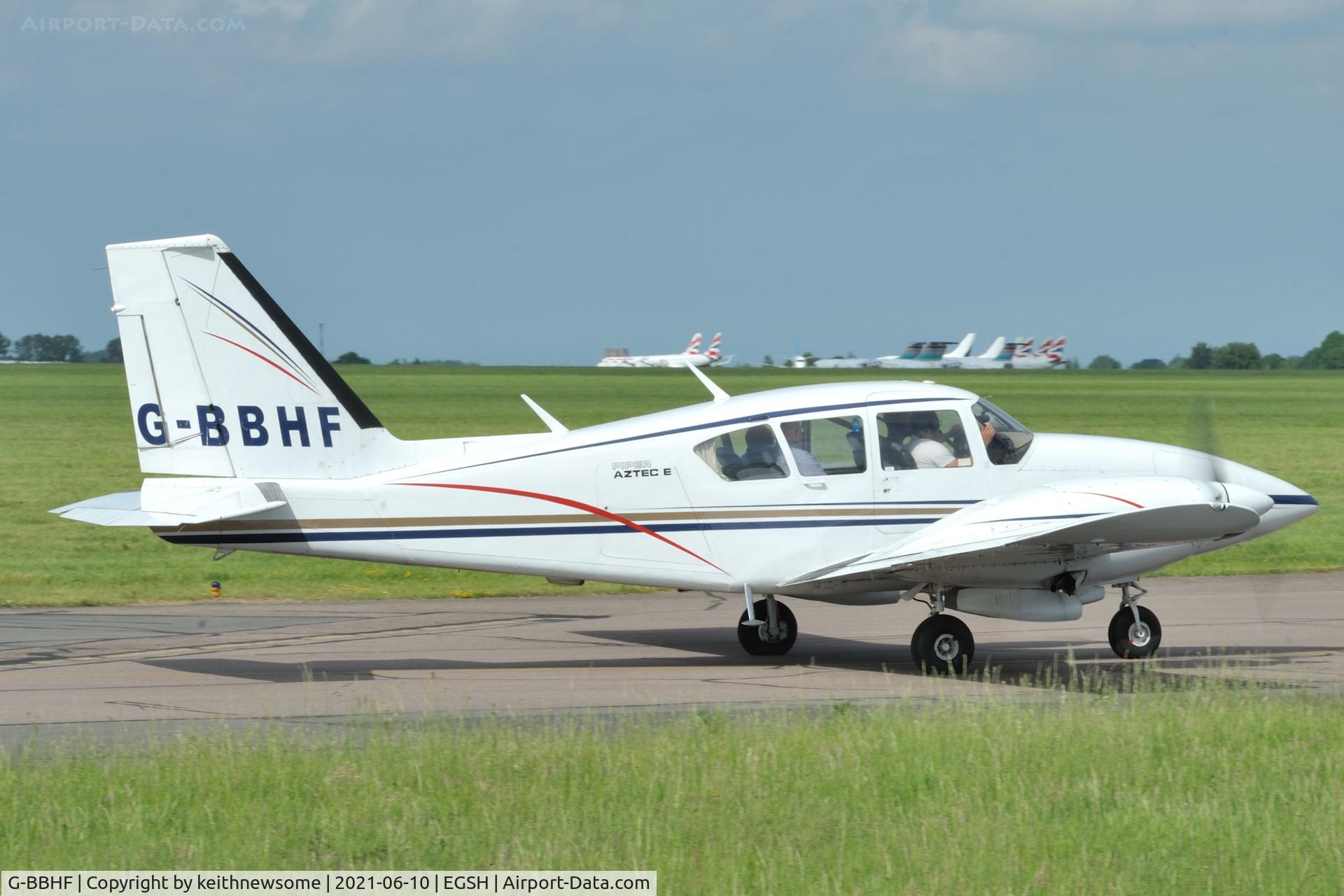 G-BBHF, 1973 Piper PA-23-250 Aztec E C/N 27-7305166, Leaving Norwich.