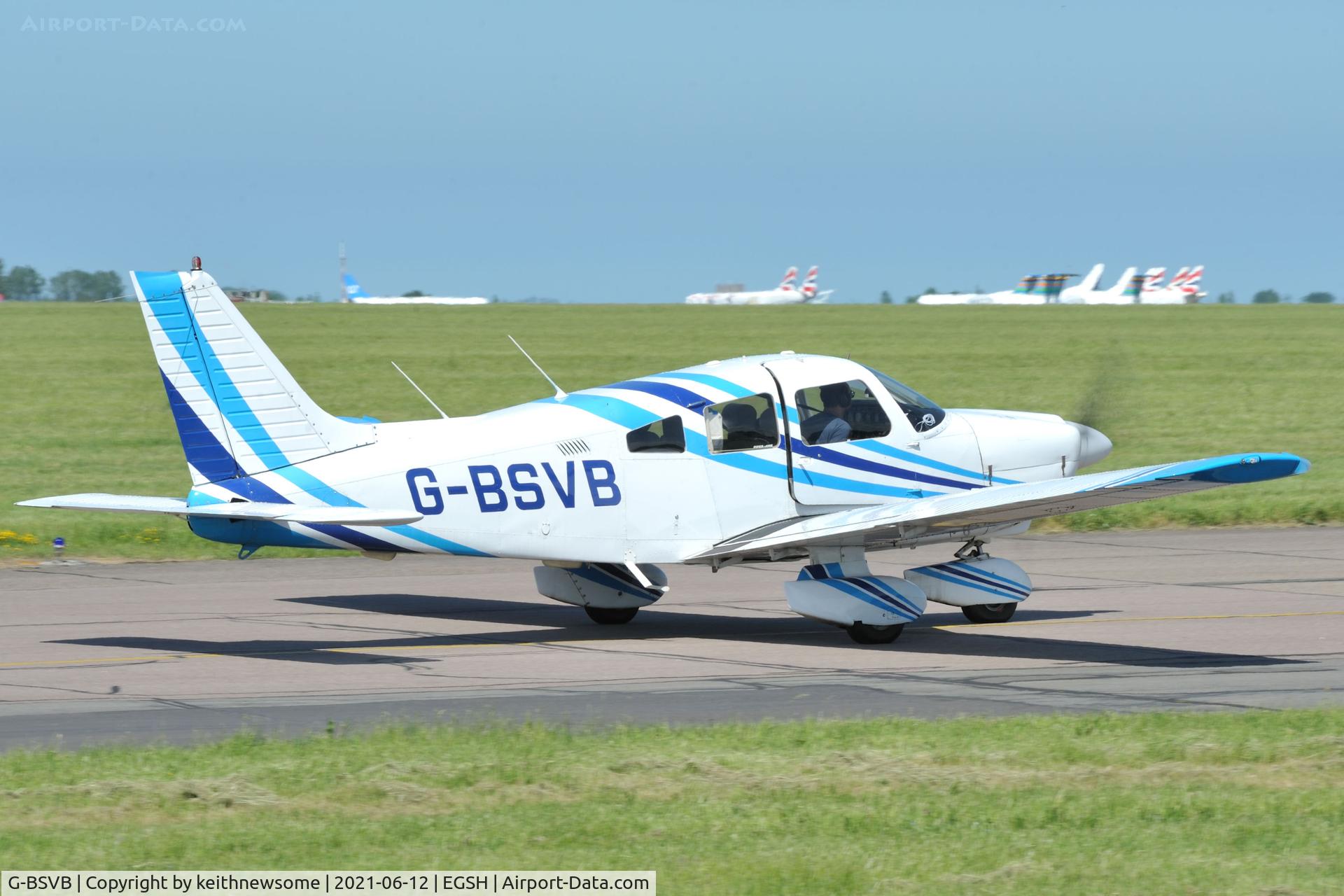 G-BSVB, 1988 Piper PA-28-181 Cherokee Archer II C/N 2890098, Leaving Norwich.