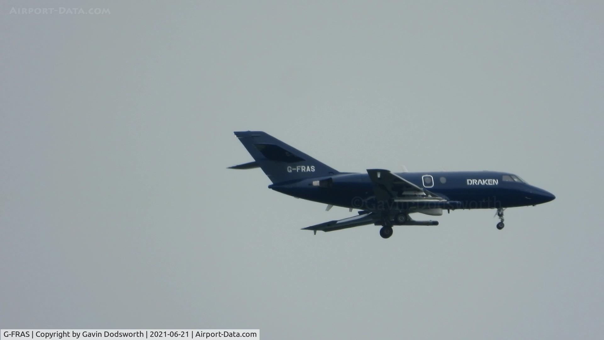 G-FRAS, 1967 Dassault Falcon (Mystere) 20DC C/N 82, Over Darlington on June 21st, 2021 returning to Teesside Airport
