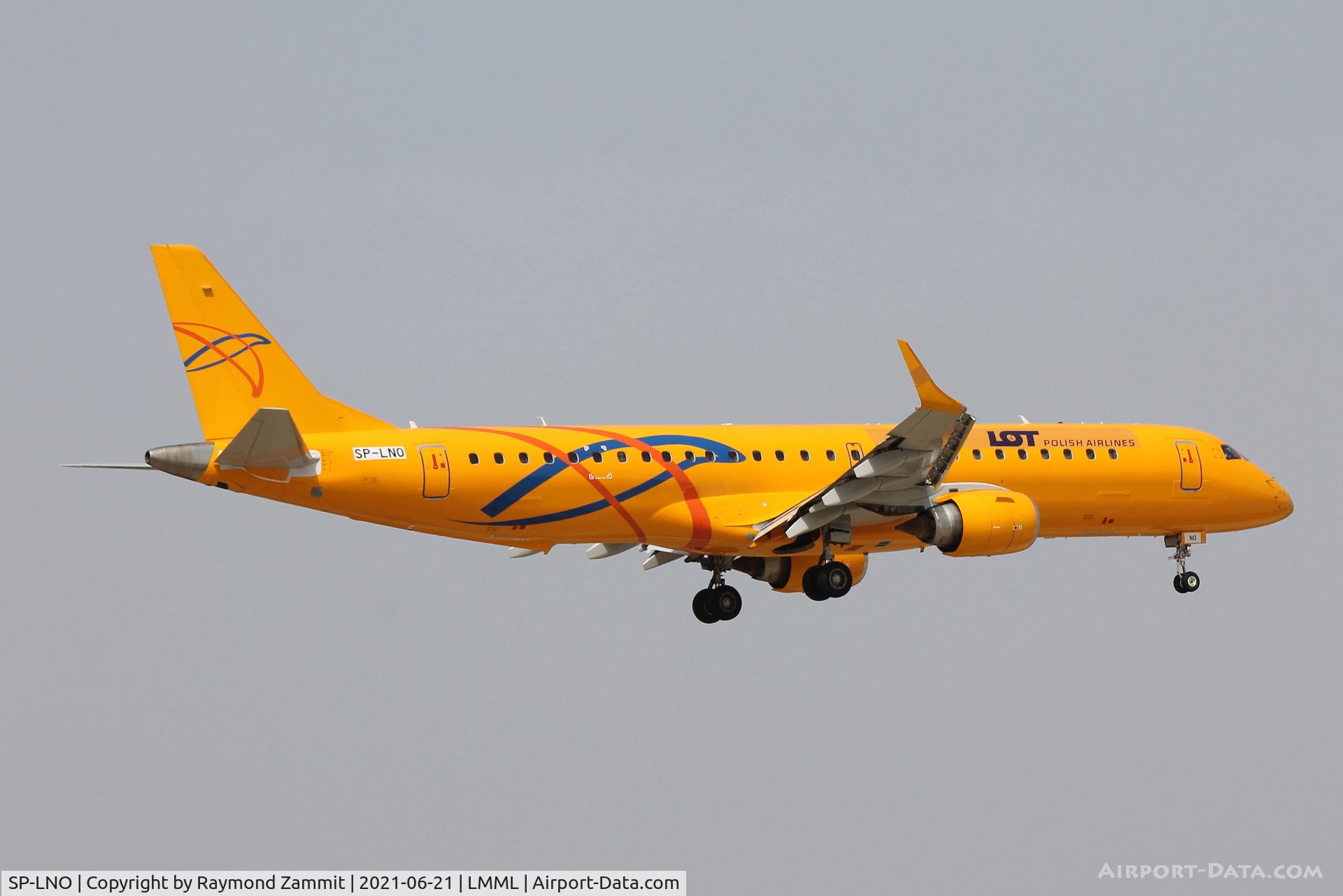 SP-LNO, 2007 Embraer 195LR (ERJ-190-200LR) C/N 19000084, Embraer 195LR SP-LNO of LOT Polish Airlines is seen here landing in Malta still in Saratov Airline livery on 24 June 2021.