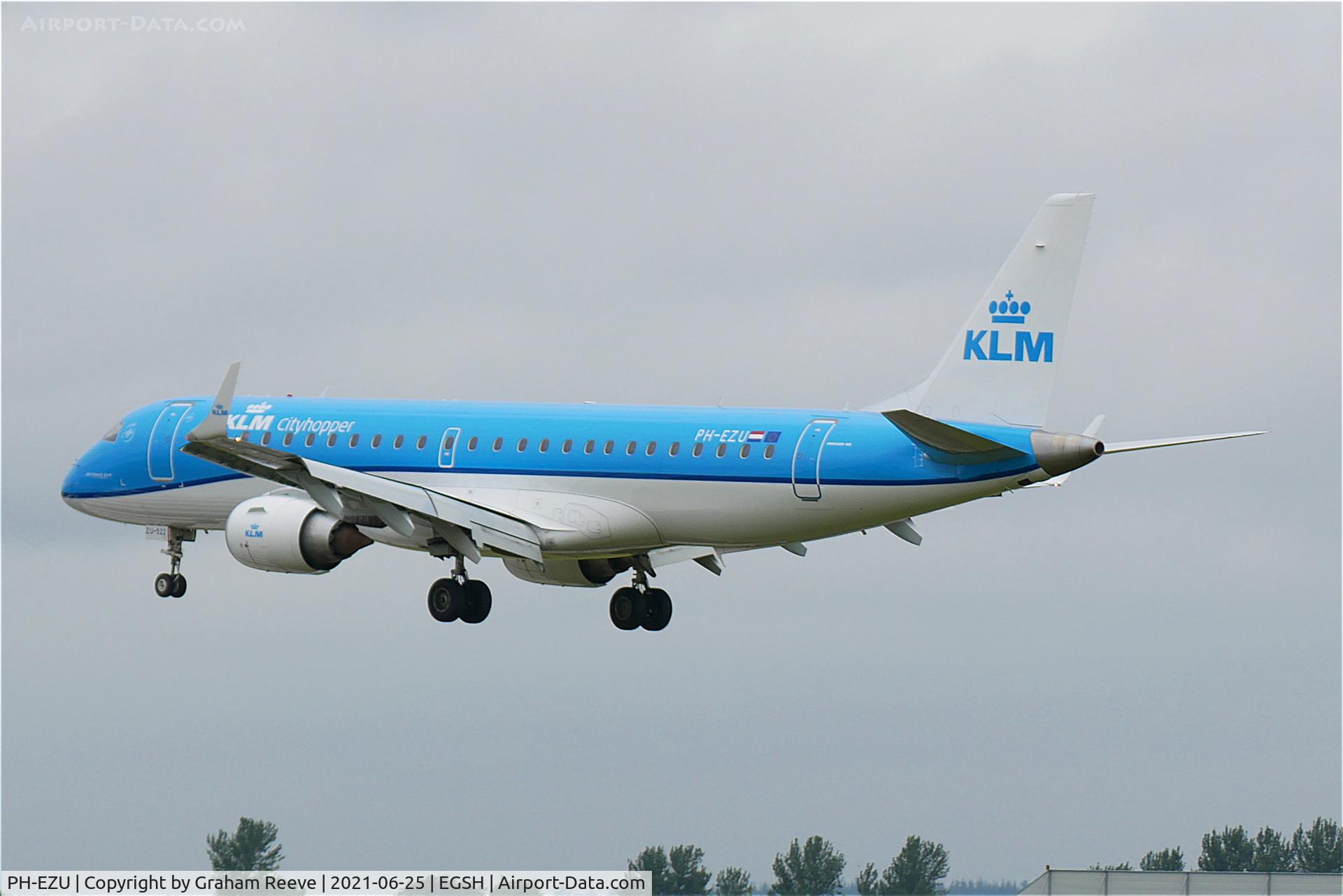 PH-EZU, 2012 Embraer 190LR (ERJ-190-100LR) C/N 19000522, Landing on the resumption of flights between Norwich and Amsterdam following the easing of Covid restrictions.