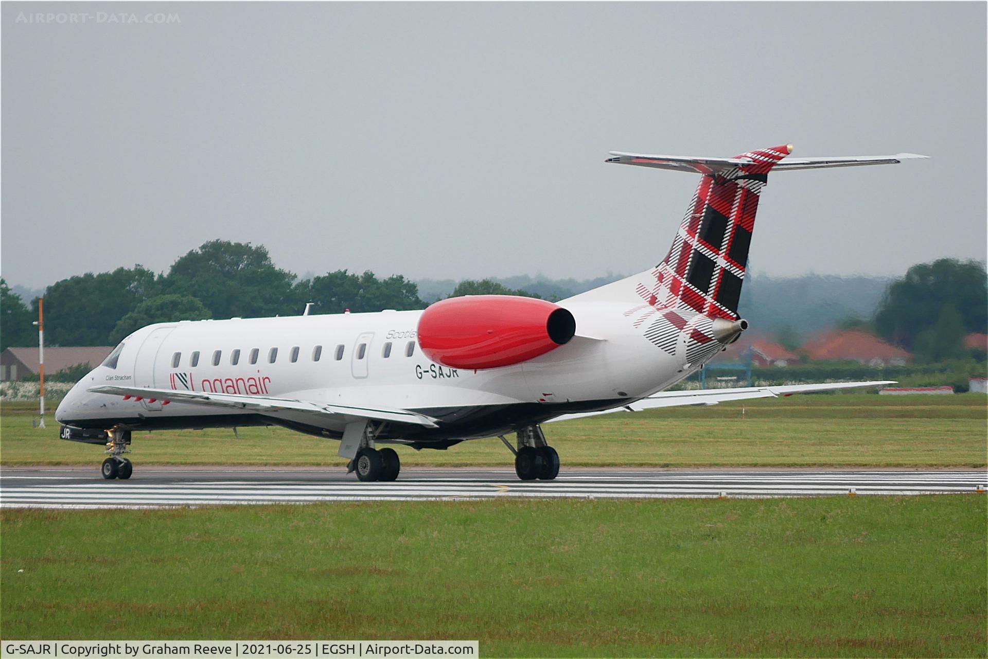 G-SAJR, 2001 Embraer ERJ-135ER (EMB-135ER) C/N 145431, Departing from Norwich.