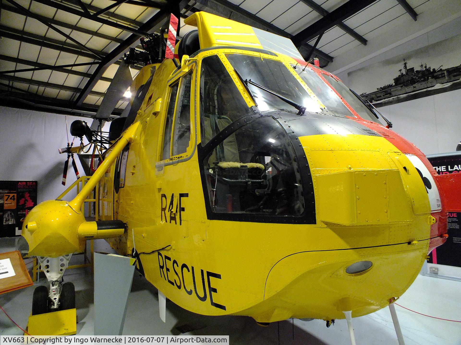 XV663, 1970 Westland Sea King HAS.6 C/N WA651, Westland Sea King HAS6 (special split SAR-colours, port side Royal Navy, starboard side RAF, for exhibition purposes) at the FAA Museum, Yeovilton