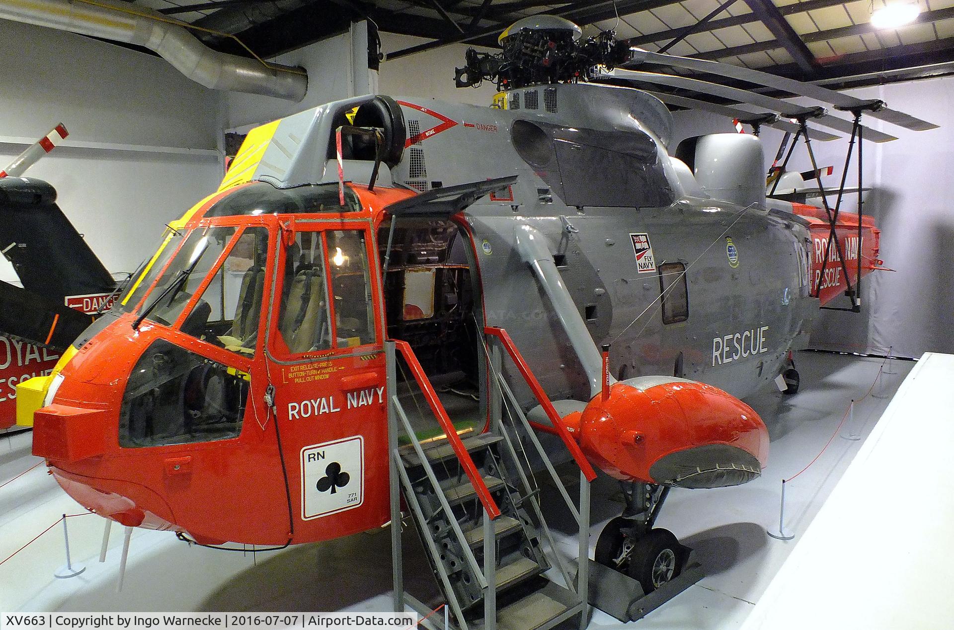 XV663, 1970 Westland Sea King HAS.6 C/N WA651, Westland Sea King HAS6 (special split SAR-colours, port side Royal Navy, starboard side RAF, for exhibition purposes) at the FAA Museum, Yeovilton