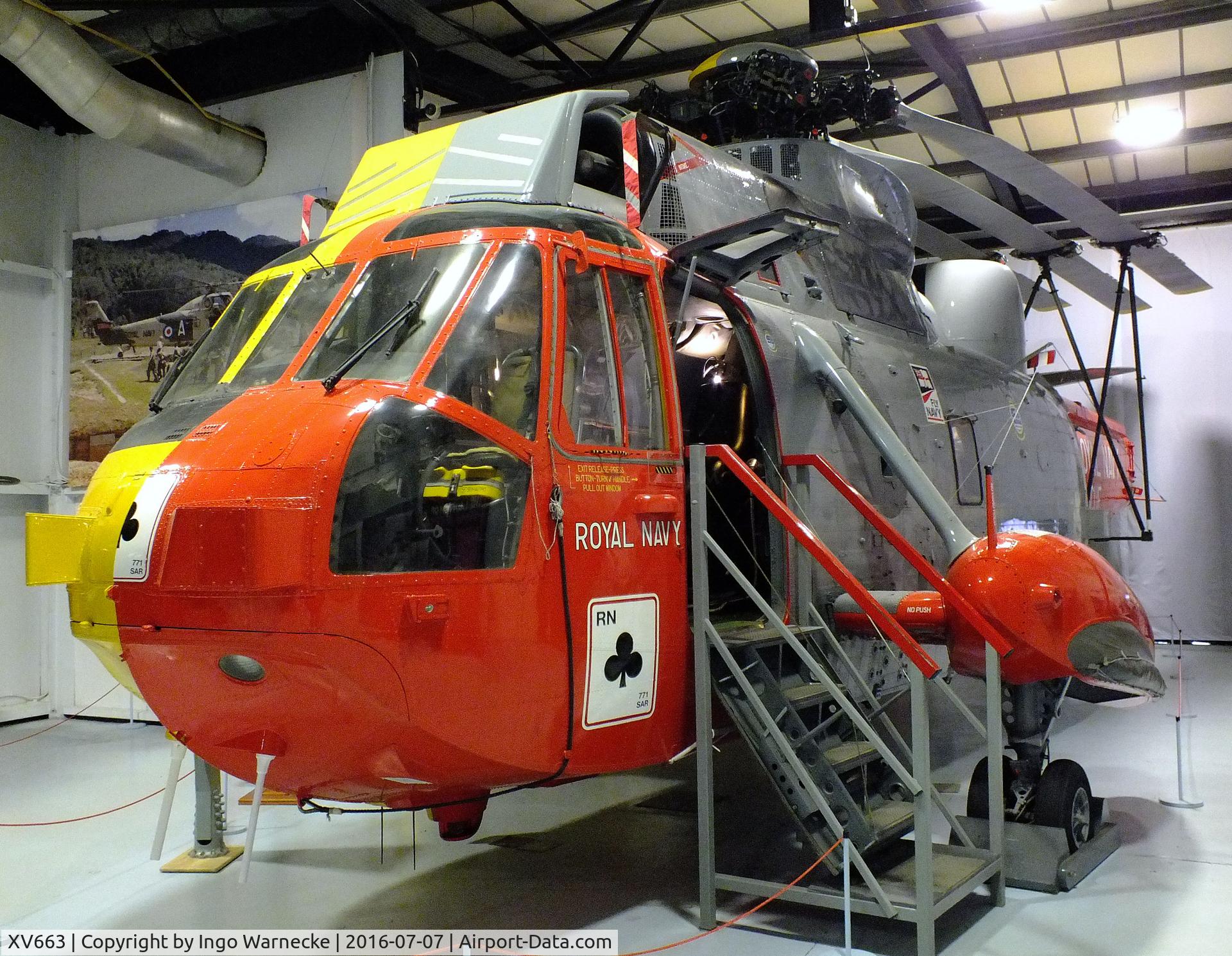 XV663, 1970 Westland Sea King HAS.6 C/N WA651, Westland Sea King HAS6 (special split SAR-colours, port side Royal Navy, starboard side RAF, for exhibition purposes) at the FAA Museum, Yeovilton