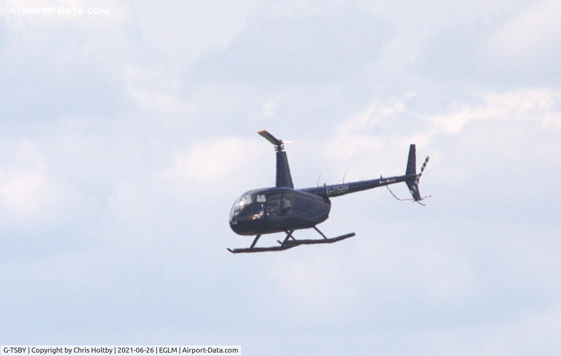G-TSBY, 2018 Robinson R44 Clipper II C/N 14238, Just lifted off from White Waltham, Berkshire