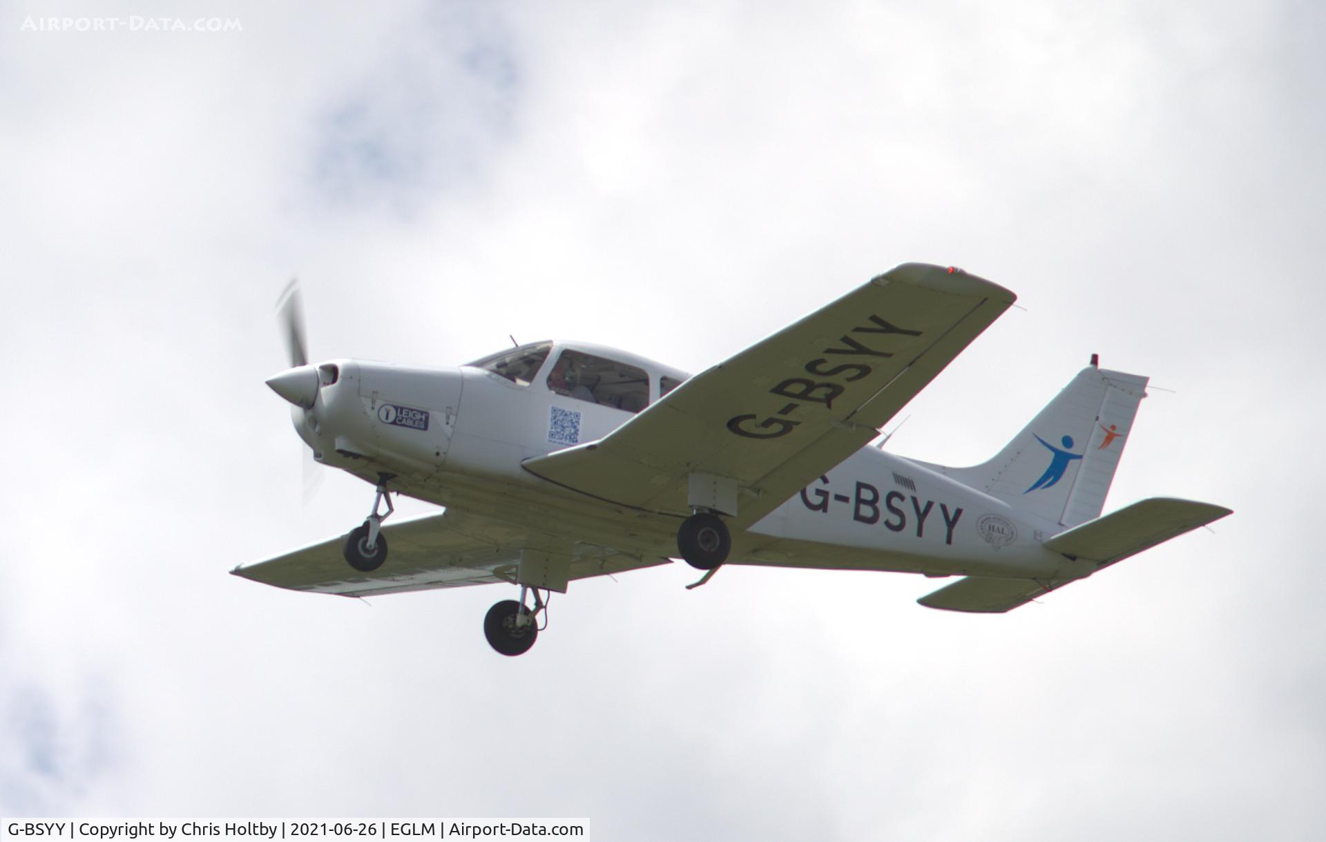 G-BSYY, 1986 Piper PA-28-161 Cherokee Warrior II C/N 2816009, Over White Waltham Airfield, Berkshire