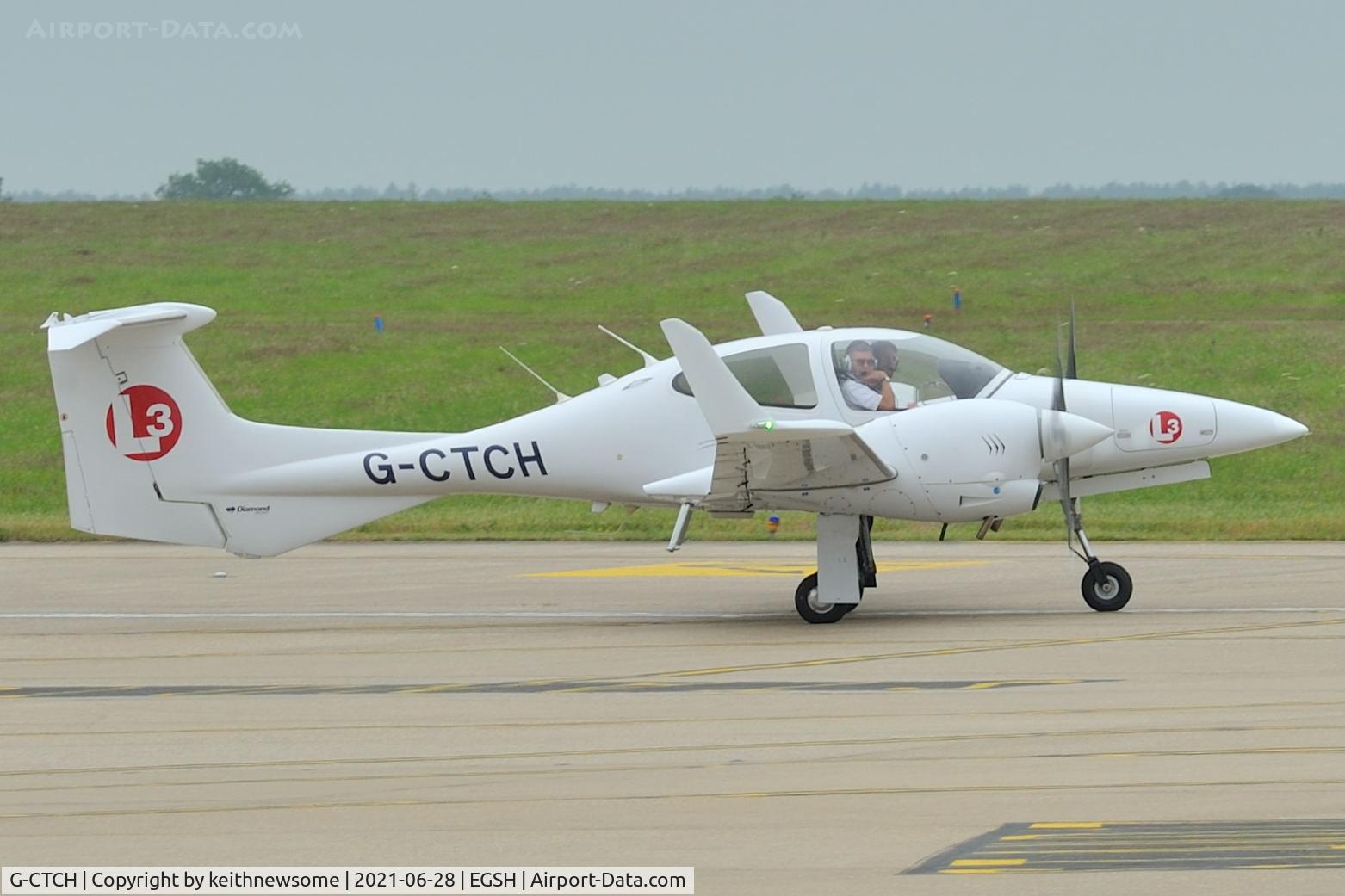 G-CTCH, 2007 Diamond DA-42 Twin Star C/N 42.238, Leaving Norwich with L3 logos.