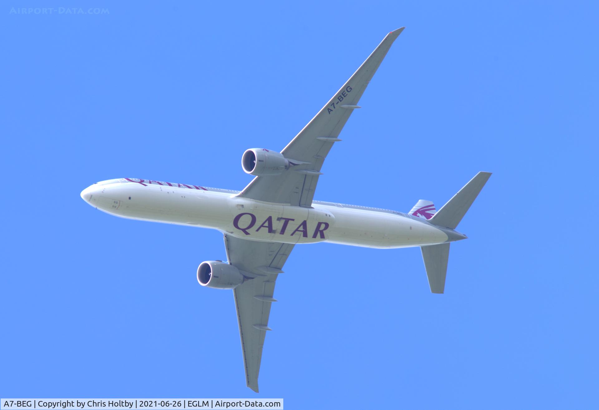 A7-BEG, 2015 Boeing 777-3DZ/ER C/N 60333, On flight path from Heathrow over White Waltham, Berkshire