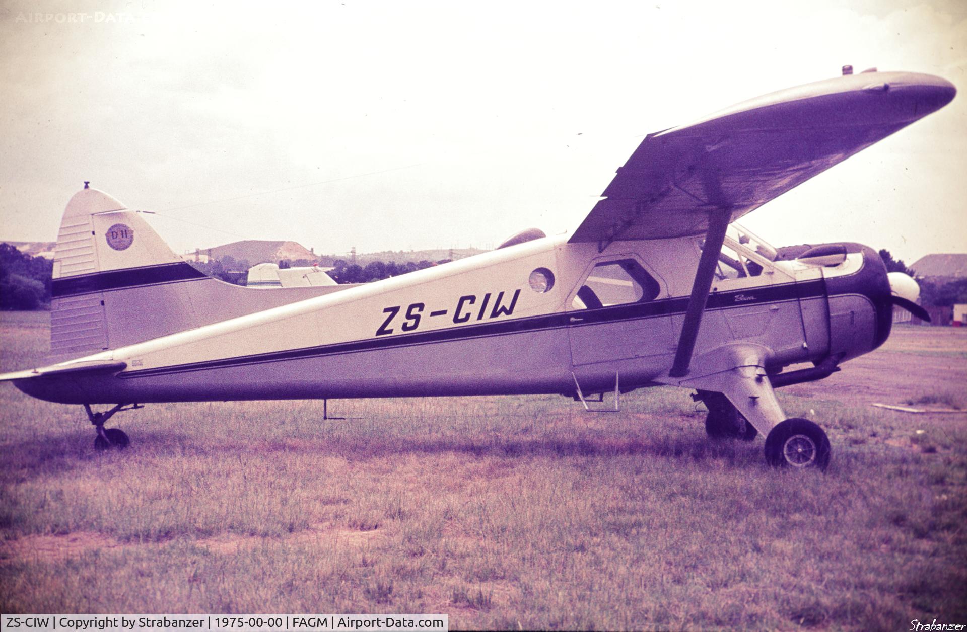 ZS-CIW, 1957 De Havilland Canada DHC-2 Beaver Mk.1 (L20A) C/N 1092, ZS-CIW  sometime in 1975   Might  have belonged to AVEX and, if so, was just before the repaint.      Scanned from a slide of mine.
