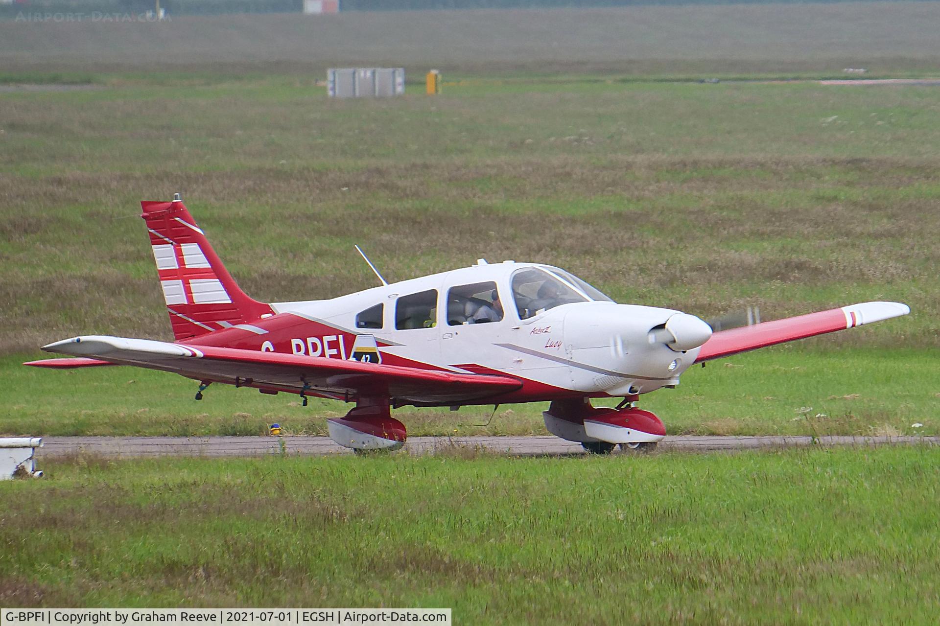 G-BPFI, 1979 Piper PA-28-181 Cherokee Archer II C/N 28-8090113, Departing from Norwich.