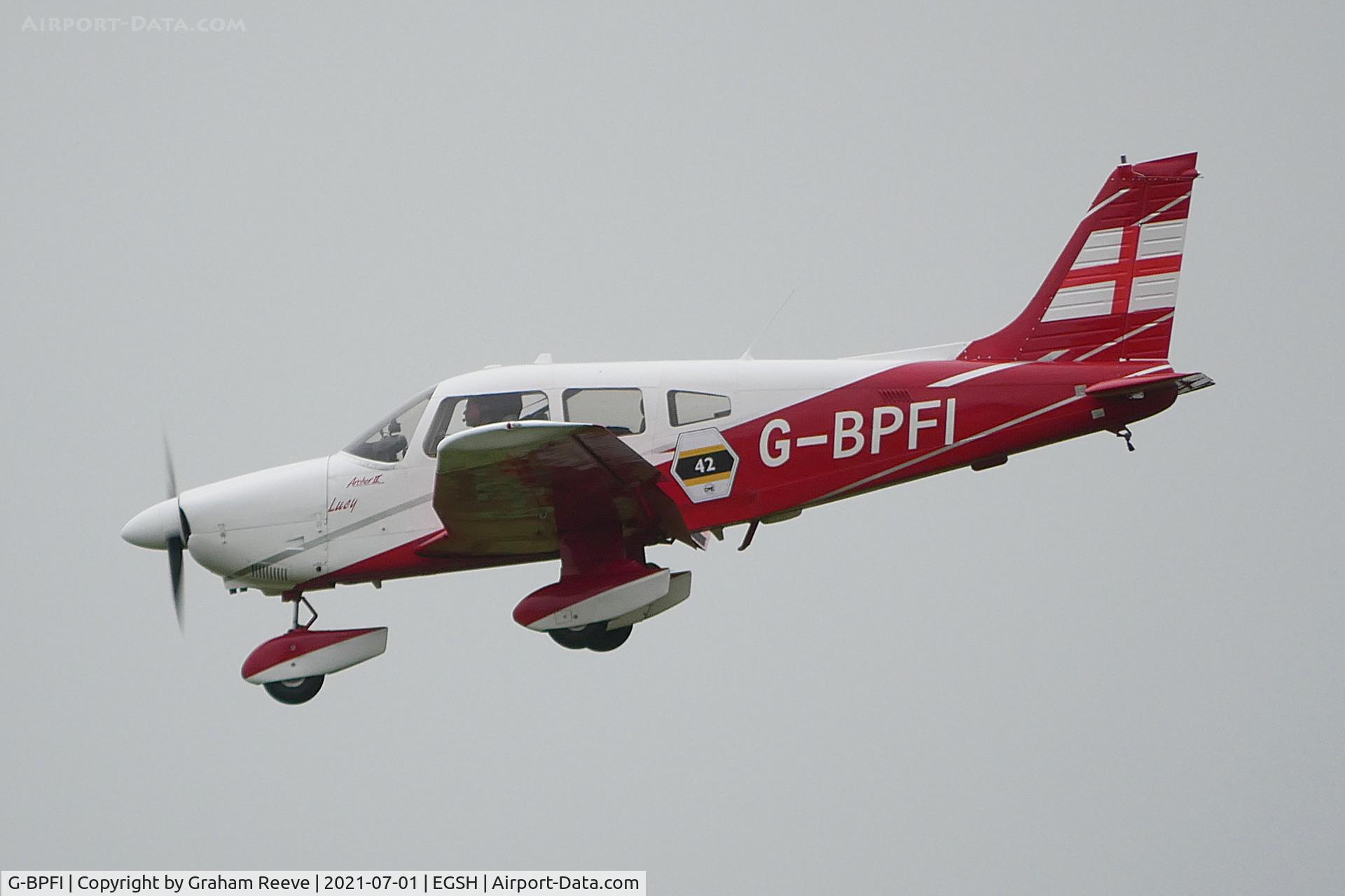 G-BPFI, 1979 Piper PA-28-181 Cherokee Archer II C/N 28-8090113, Departing from Norwich.