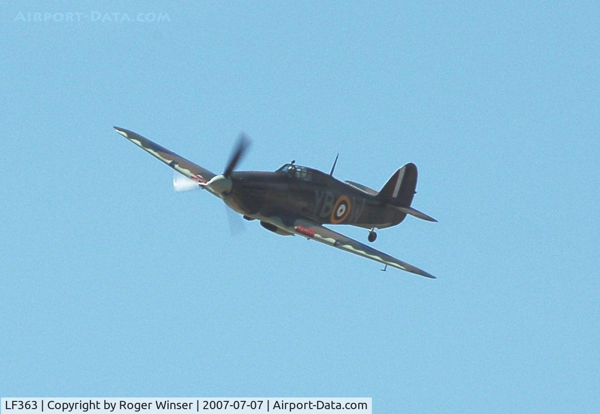 LF363, 1944 Hawker Hurricane IIC C/N 41H/469290, Off airport. BBMF aircraft representing Hurricane P3878 coded YB-W of 17 Squadron RAF during the Battle of Britain circa May 1940. Displaying at the Pembrey and Burry Port Carnival held in Burry Port, Carmarthenshire, Wales, UK.
