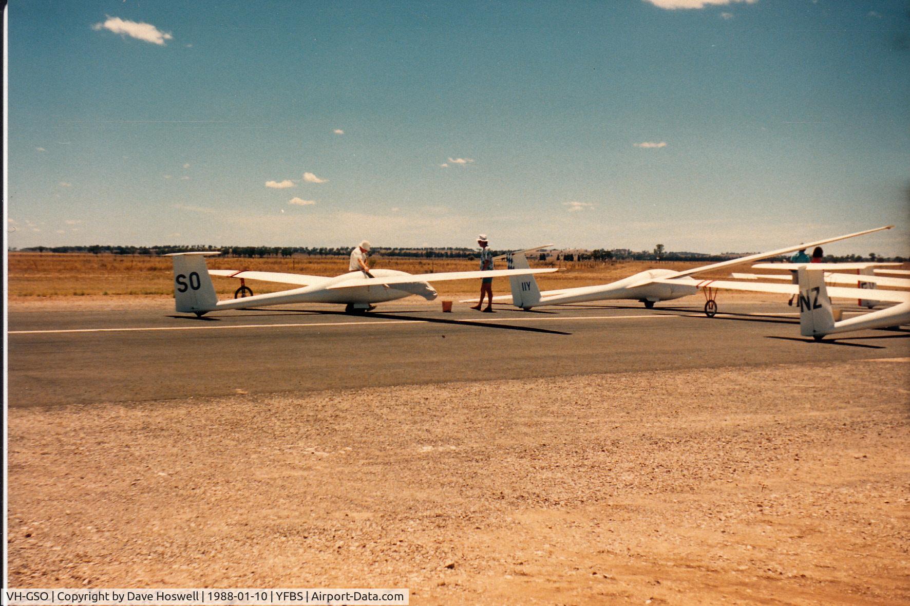 VH-GSO, 1985 Schempp-Hirth Discus a C/N 51, GSO at the Nationals, Forbes NSW in January 1988. 
Owner/pilot was Bob Ward from QLD. Crewed by Dave Hoswell Forbes.