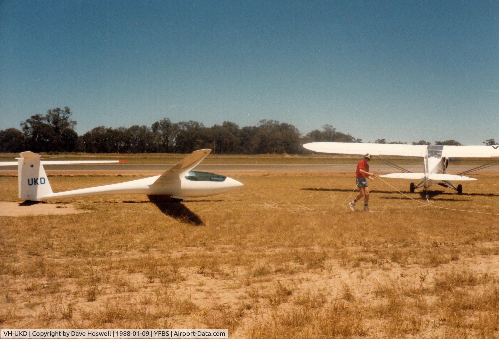 VH-UKD, 1982 Schleicher ASW-19B C/N 19375, VH-UKD at the National Gliding Championships, Forbes NSW in January 1988.