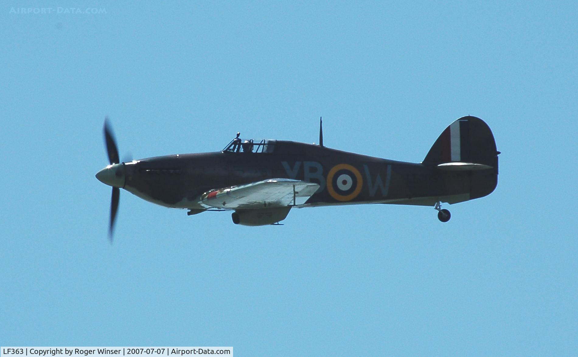 LF363, 1944 Hawker Hurricane IIC C/N 41H/469290, Off airport. BBMF aircraft representing RAF Hurricane P3878 coded YB-W of 17 Squadron RAF during the Battle of Britain circa May 1940. Displaying at the Pembrey and Burry Port Carnival held in Burry Port, Carmarthenshire Wales, UK.
