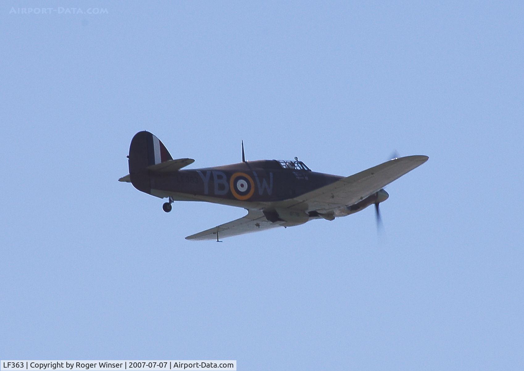 LF363, 1944 Hawker Hurricane IIC C/N 41H/469290, Off airport. BBMF aircraft representing Hurricane P3878 coded YB-W of 17 Squadron RAF during the Battle of Britain circa September 1940. Displaying at the Pembrey and Burry Port Carnival held in Burry Port, Carmarthenshire, Wales, UK.