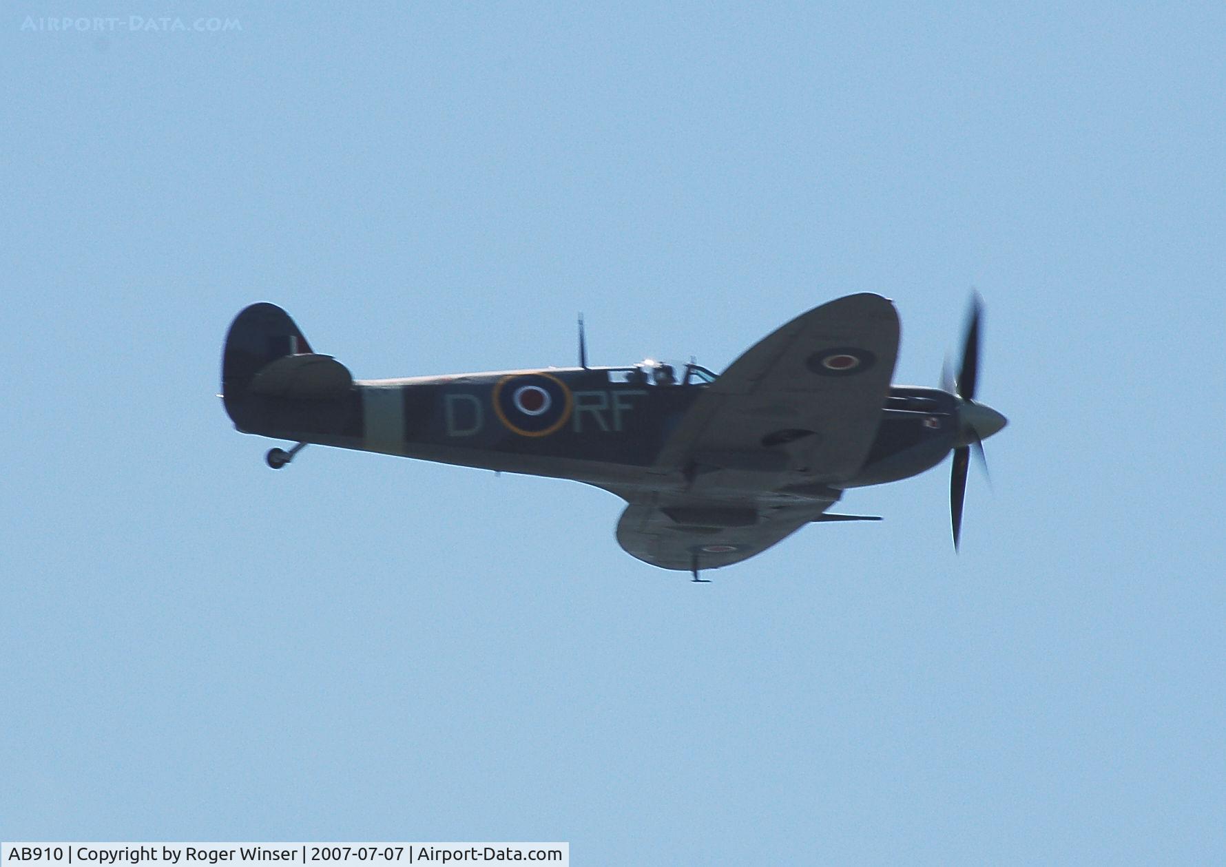 AB910, Supermarine 349 Spitfire LF.Vb C/N CBAF.1061, Off airport. BBMF aircraft representing Spitfire BM144 coded RF-D of 303 Squadron RAF circa  May 1942. Displaying during the Pembrey and Burry Port carnival held in Burry Port, Carmarthenshire, Wales, UK.