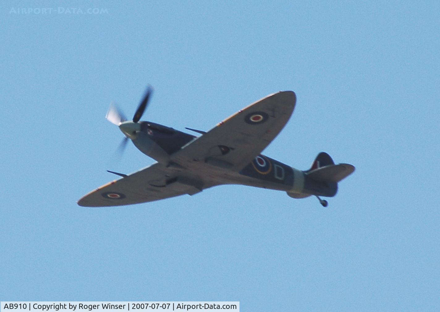AB910, Supermarine 349 Spitfire LF.Vb C/N CBAF.1061, Off airport. BBMF aircraft representing Spitfire BM144 coded RF-D of 303 Squadron RAF circa May 1942. Displaying at the Pembrey and Burry Port carnival held in Burry Port, Carmarthenshire, Wales, UK.