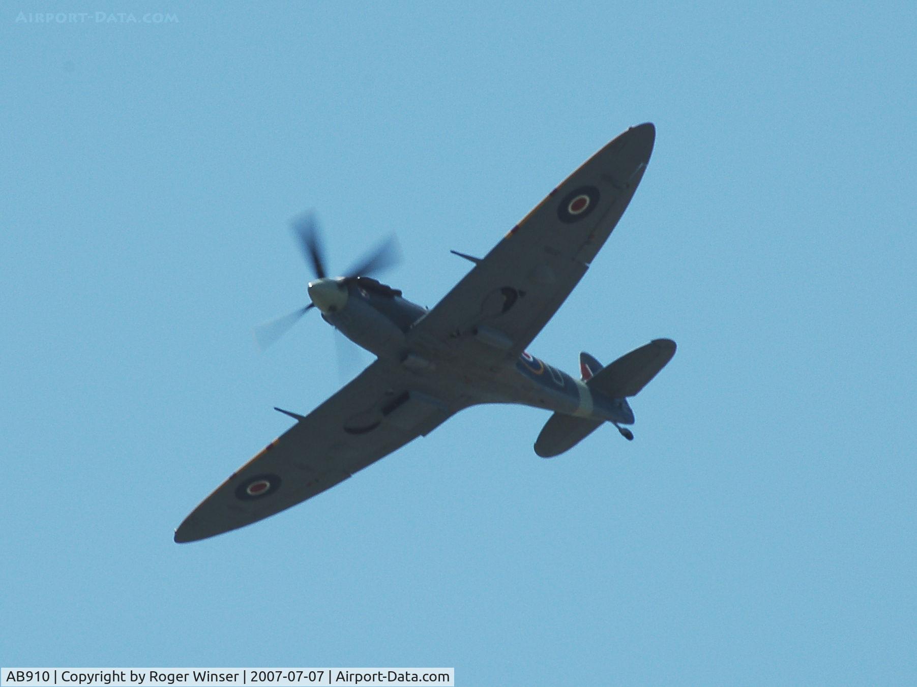 AB910, Supermarine 349 Spitfire LF.Vb C/N CBAF.1061, Off airport. BBMF aircraft representing Spitfire BM144 coded RF-D of 303 Squadron RAF circa May 1942. Displaying at the Pembrey and Burry Port Carnival held in Burry Port, Carmarthenshire, Wales, UK. 
