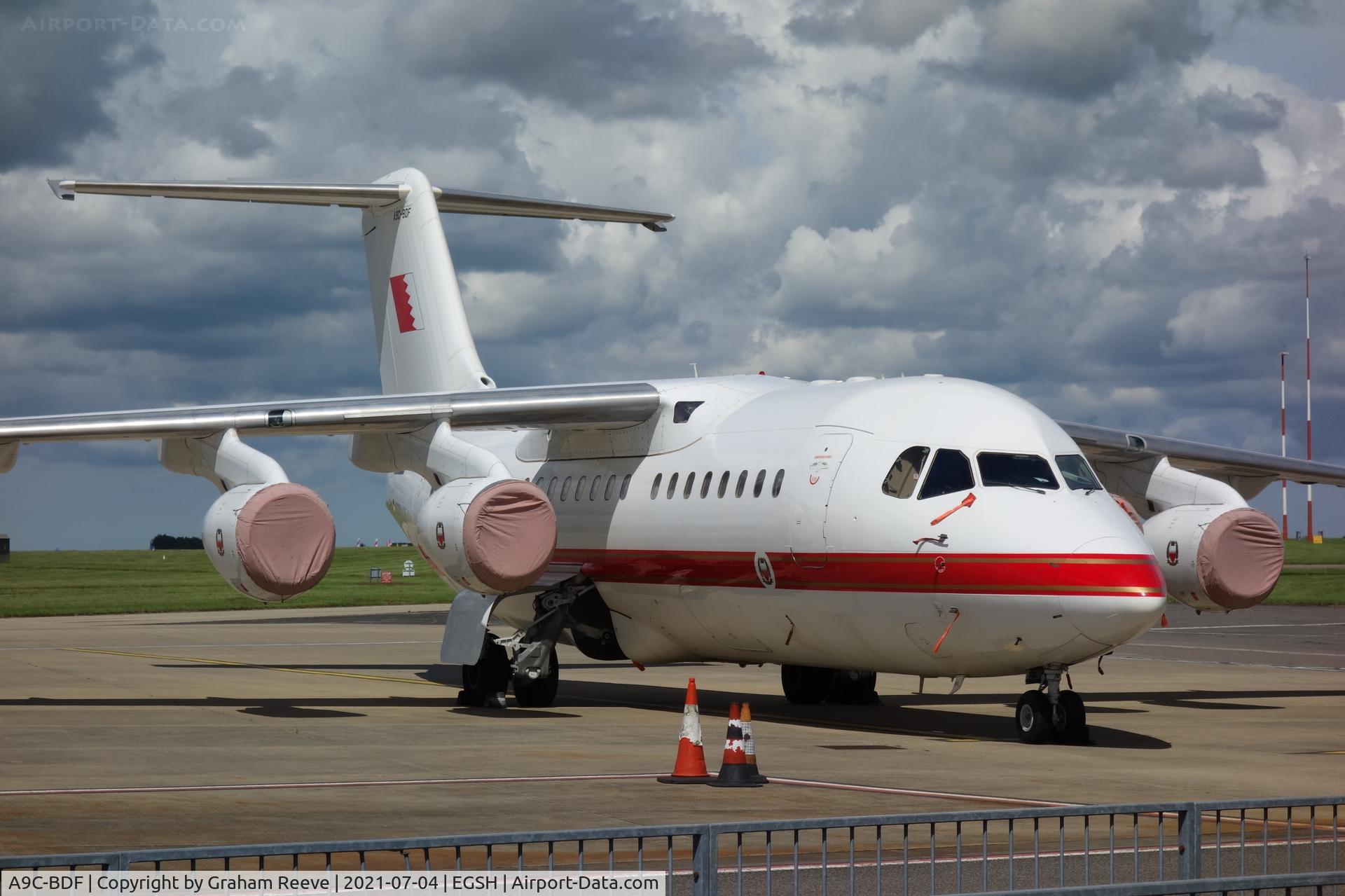 A9C-BDF, 2001 BAE Systems Avro 146-RJ85 C/N E.2390, Parked on stand 6 at Norwich.