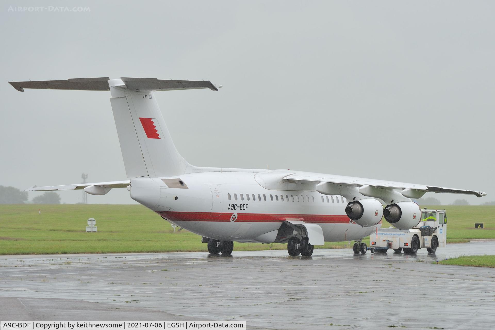 A9C-BDF, 2001 BAE Systems Avro 146-RJ85 C/N E.2390, Towed to maintenance area.