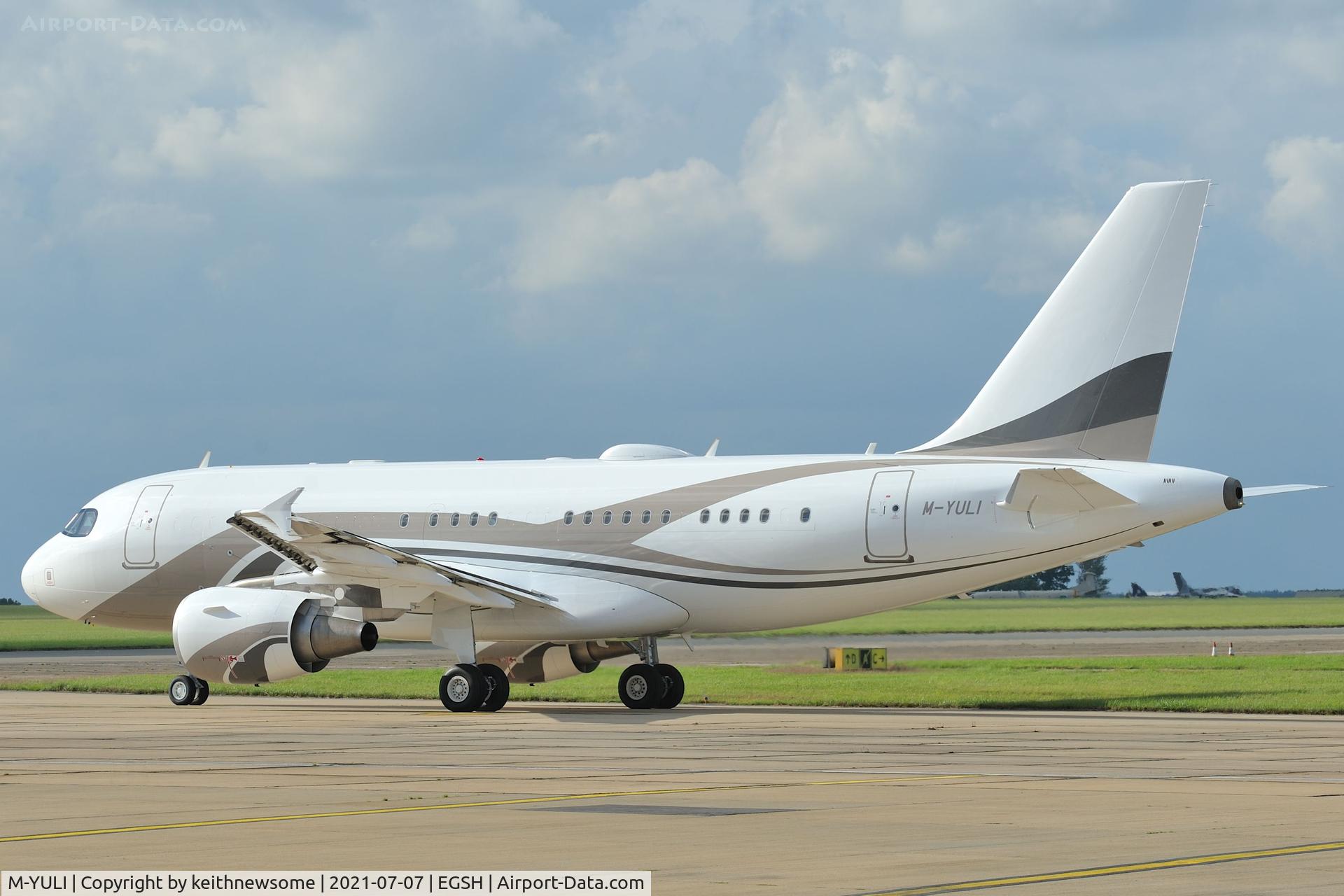 M-YULI, 2012 Airbus ACJ319 (A319-115/CJ) C/N 5040, Leaving Norwich for Luton following paintwork.