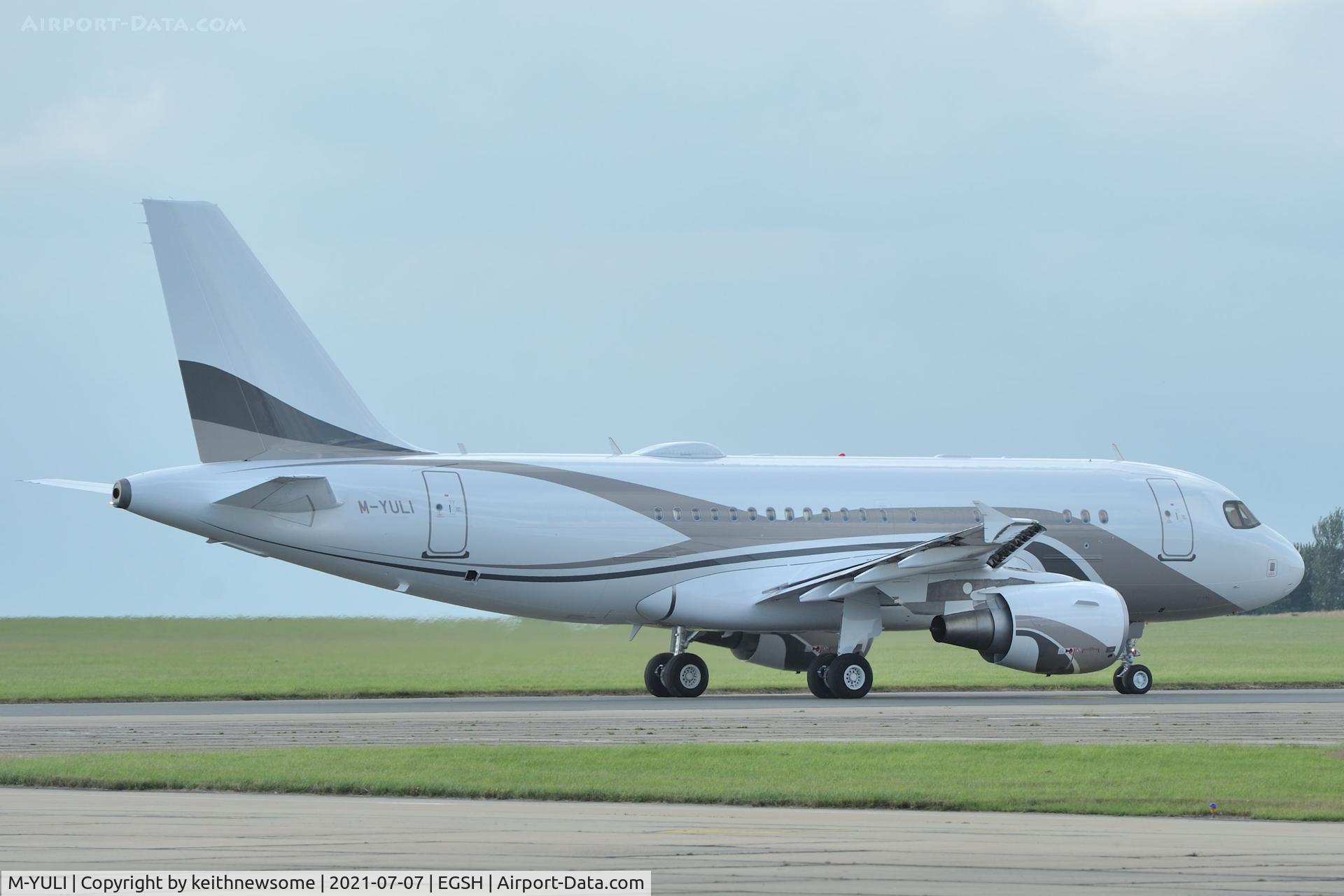M-YULI, 2012 Airbus ACJ319 (A319-115/CJ) C/N 5040, Leaving Norwich following paintwork.