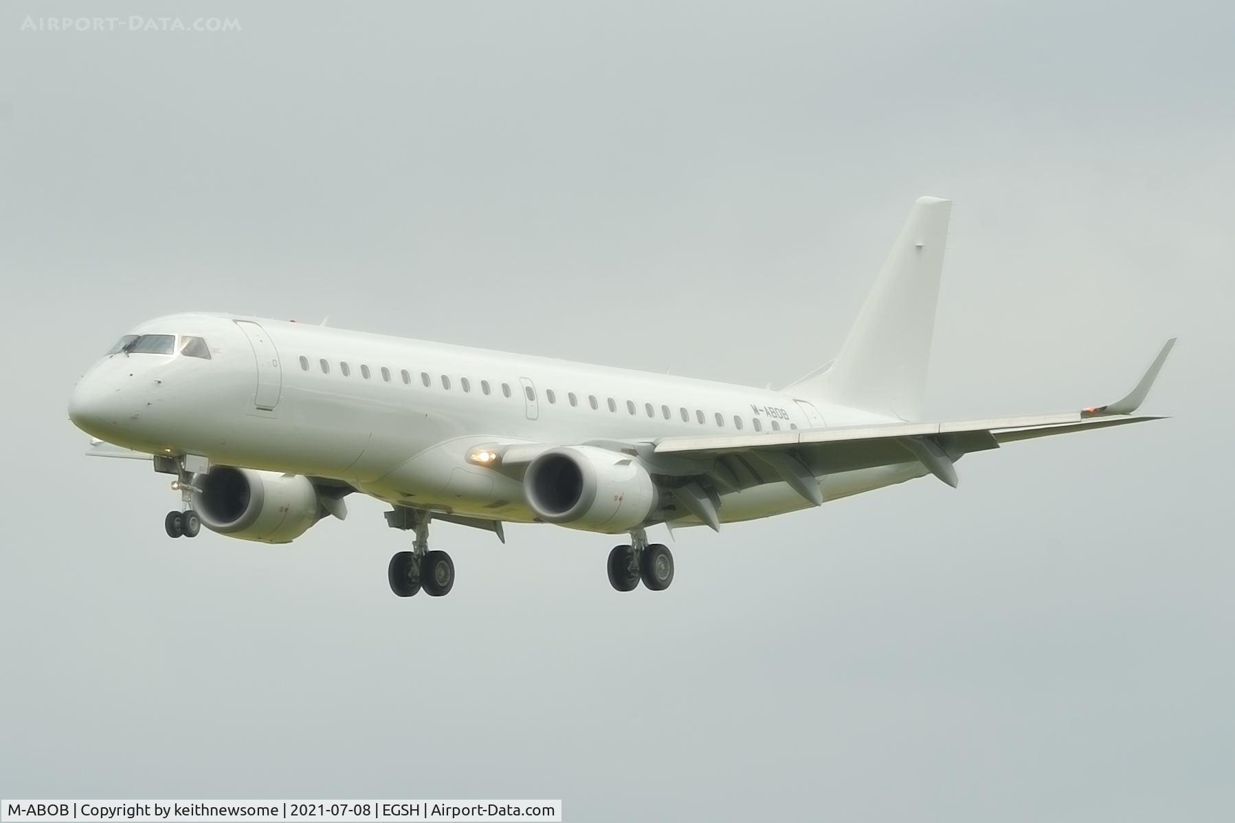 M-ABOB, 2011 Embraer 190LR (ERJ-190-100LR) C/N 19000420, Arriving at Norwich for paintwork / engineering.