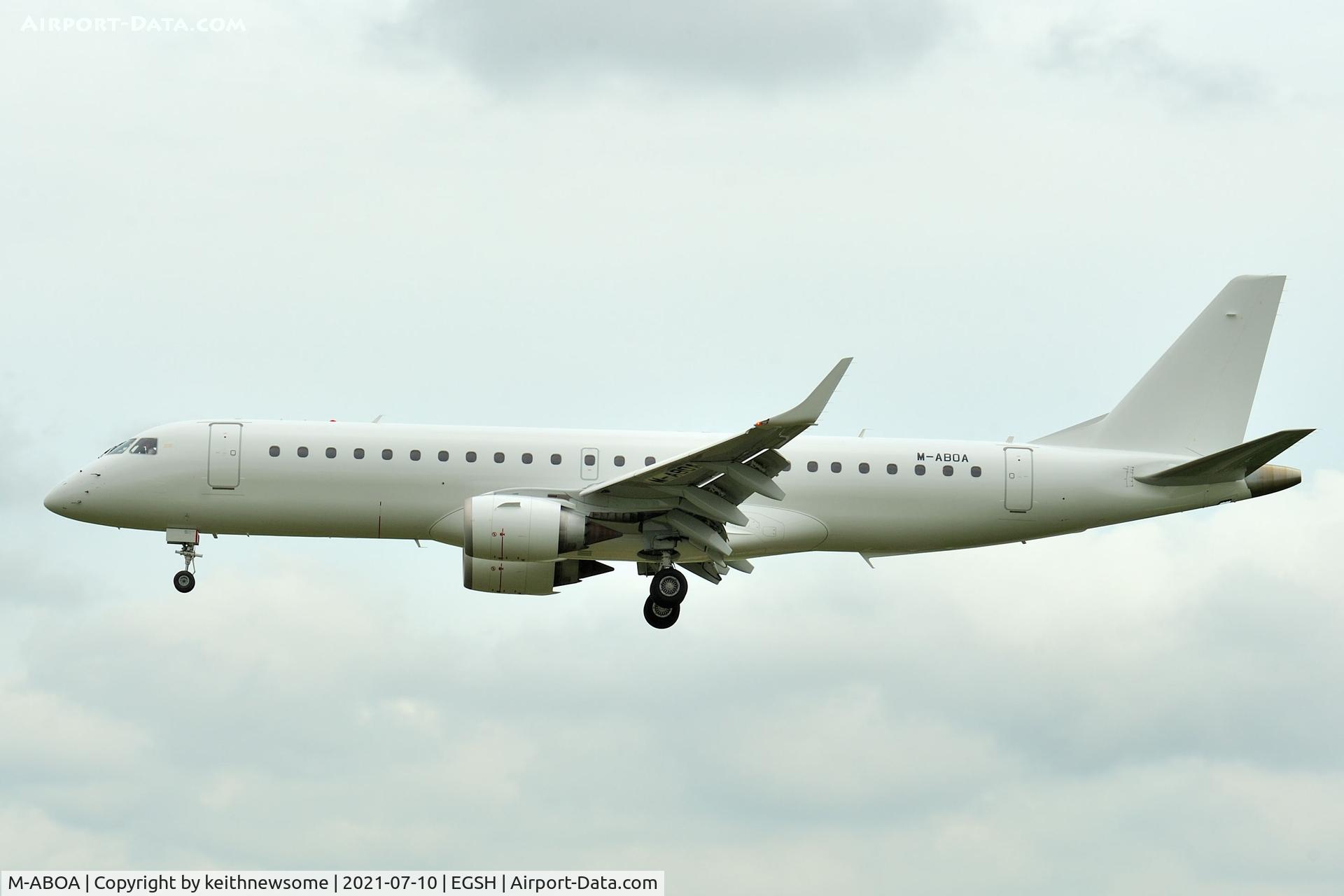 M-ABOA, 2010 Embraer E190 (ERJ-190-100) C/N 19000354, Arriving at Norwich for paintwork / maintenance,
.