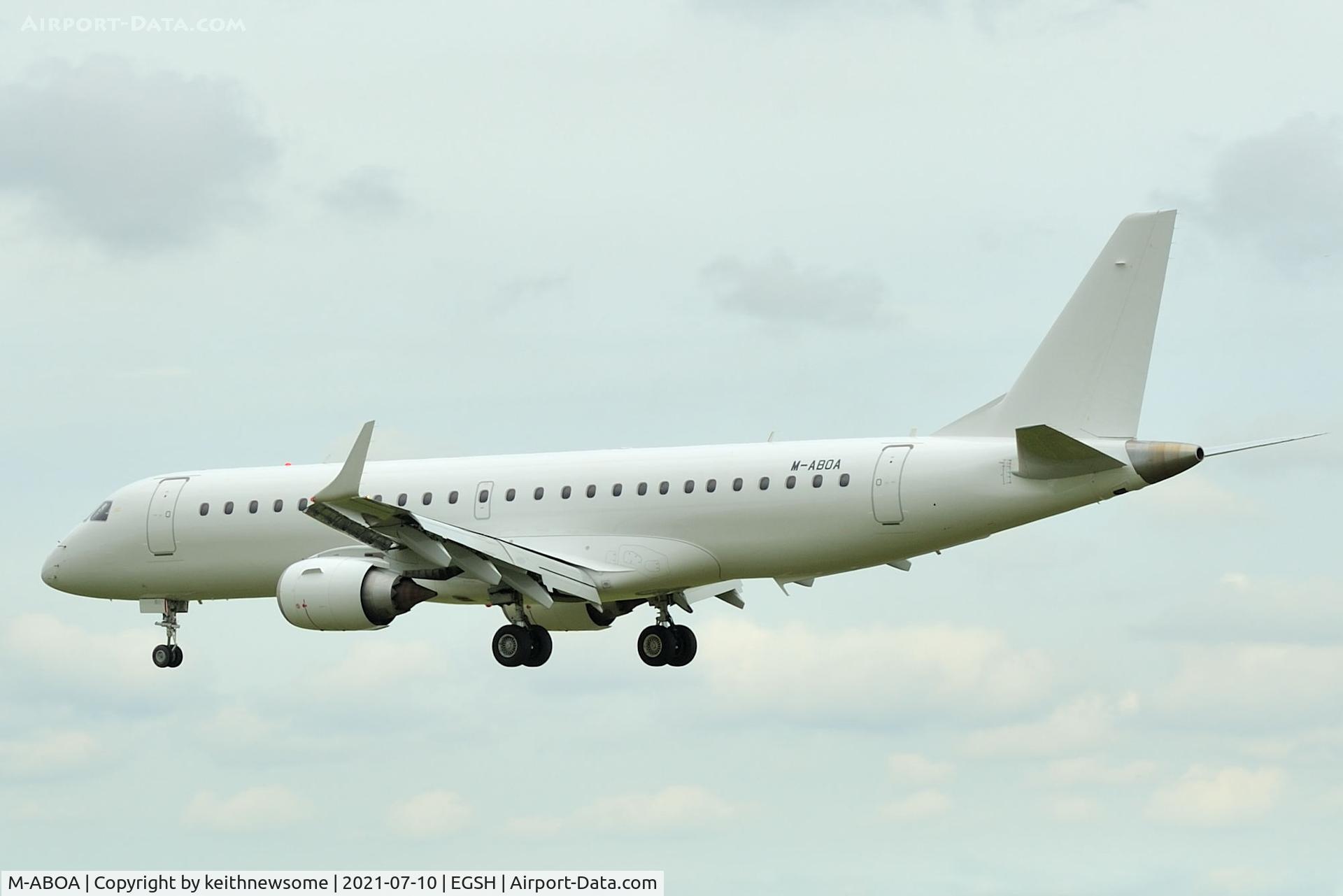 M-ABOA, 2010 Embraer E190 (ERJ-190-100) C/N 19000354, Arriving at Norwich for paintwork / maintenance.