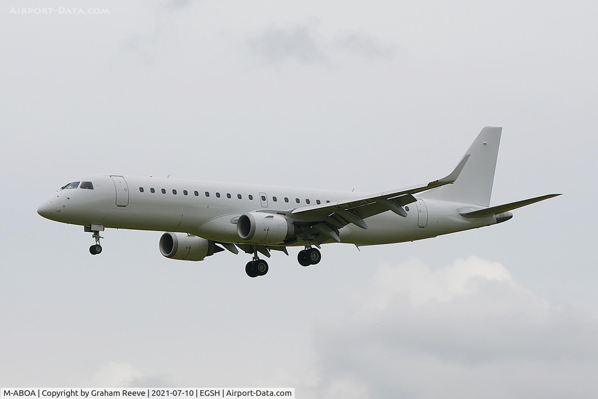 M-ABOA, 2010 Embraer E190 (ERJ-190-100) C/N 19000354, Landing at Norwich.