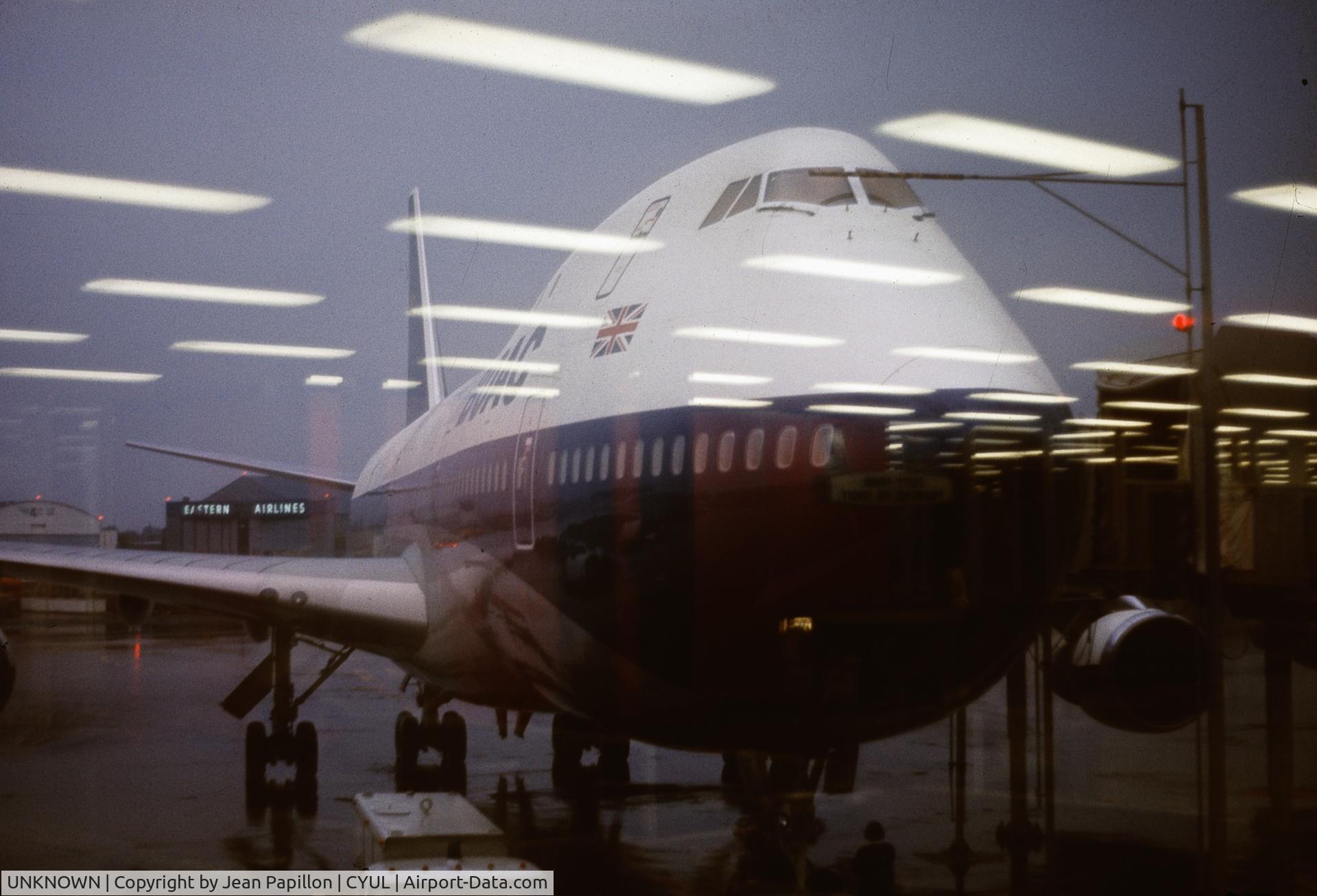 UNKNOWN, Boeing 747 C/N Unknown, Boeing 747 of BOAC 1971 through a gate window at Dorval Airport
