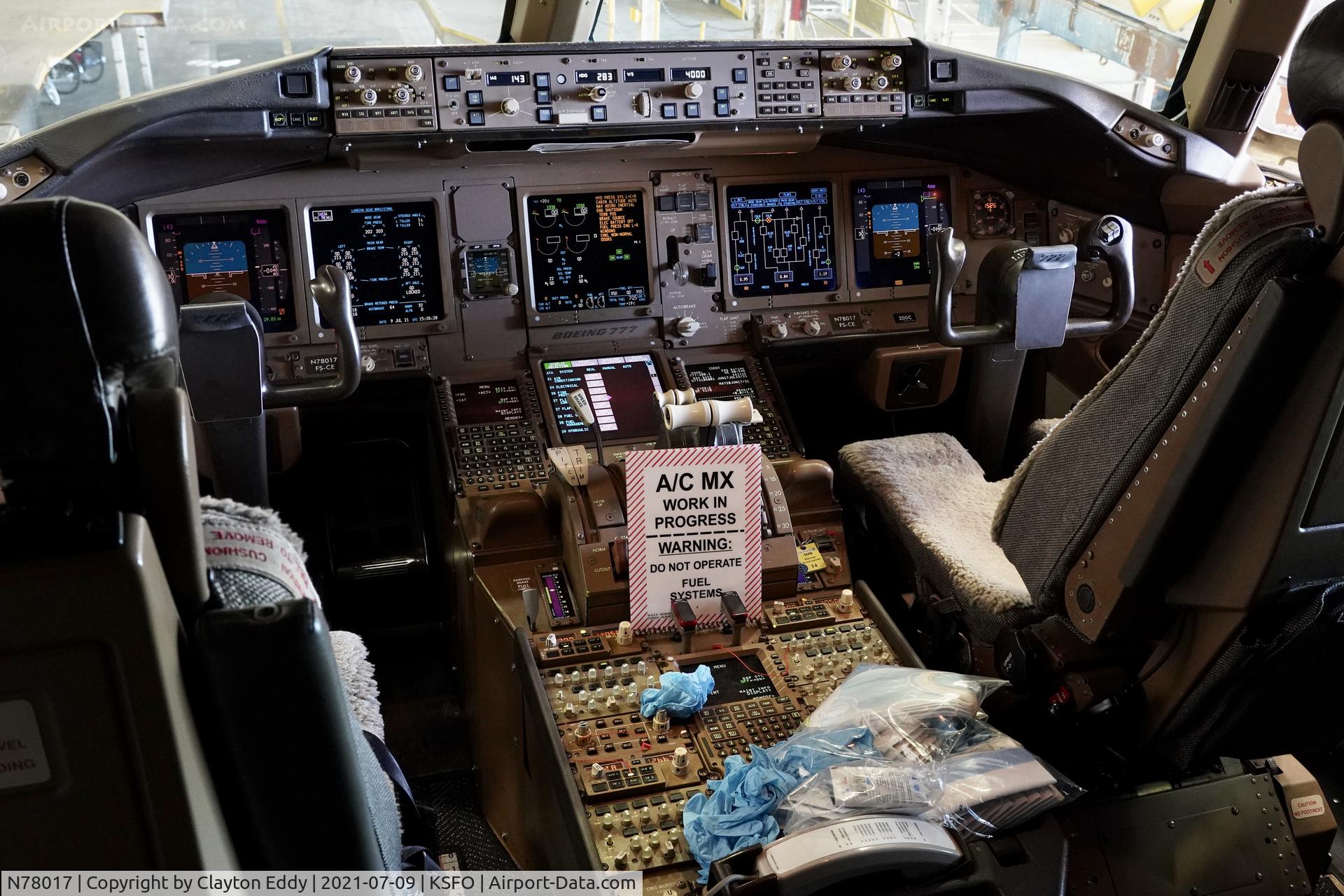 N78017, 2002 Boeing 777-224 (ER) C/N 31679, Flightdeck SFO 2021.