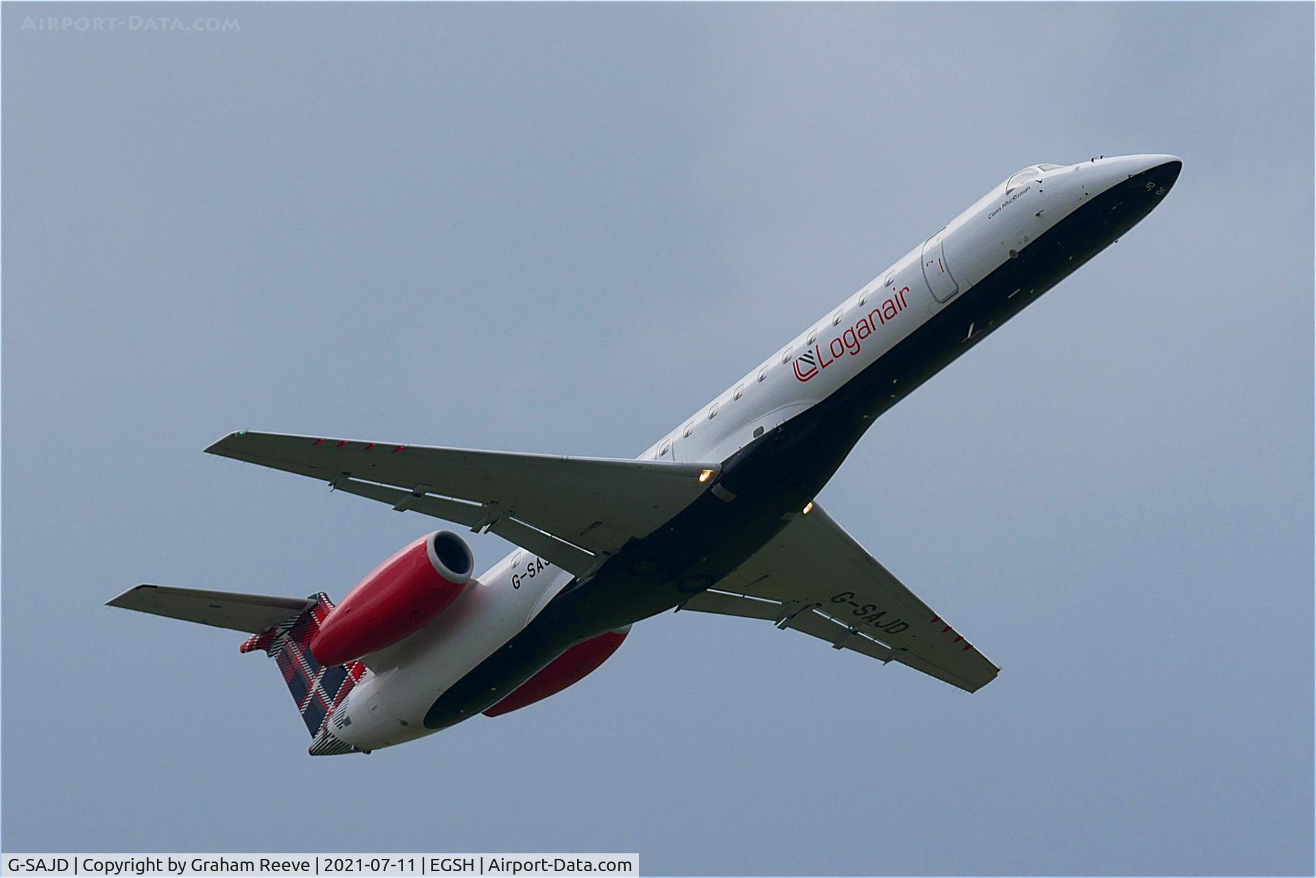 G-SAJD, 2001 Embraer EMB-145EP (ERJ-145EP) C/N 145454, Departing from Norwich.