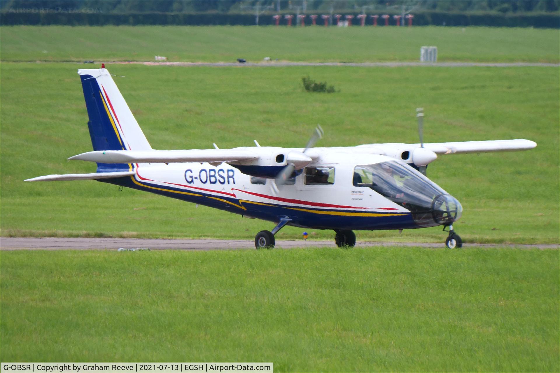 G-OBSR, 1980 Partenavia P-68 Observer C/N 236-01-OB, Departing from Norwich.