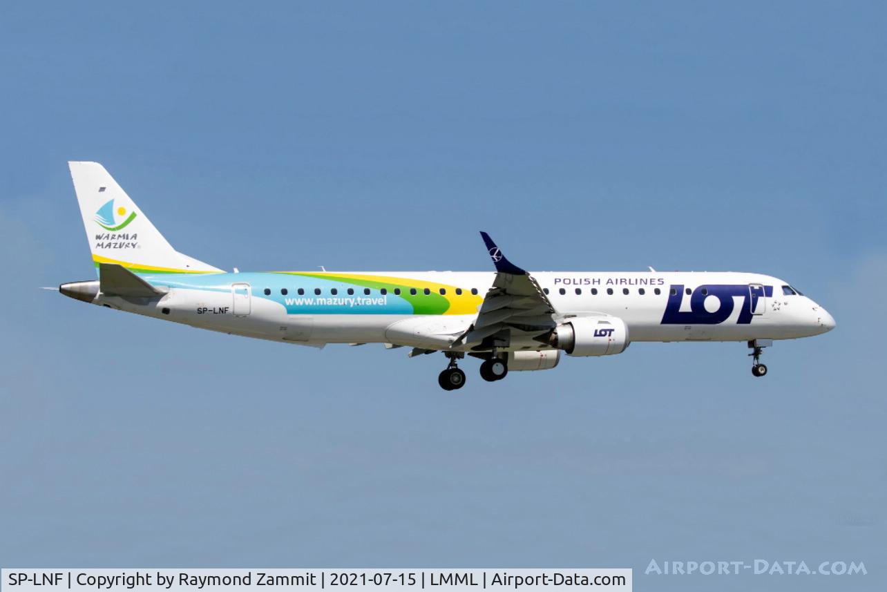 SP-LNF, 2013 Embraer 195LR (ERJ-190-200LR) C/N 19000596, Embraer 195LR SP-LNF LOT Polish Airlines wearing special livery seen landing in Malta 15 Jul 2021.